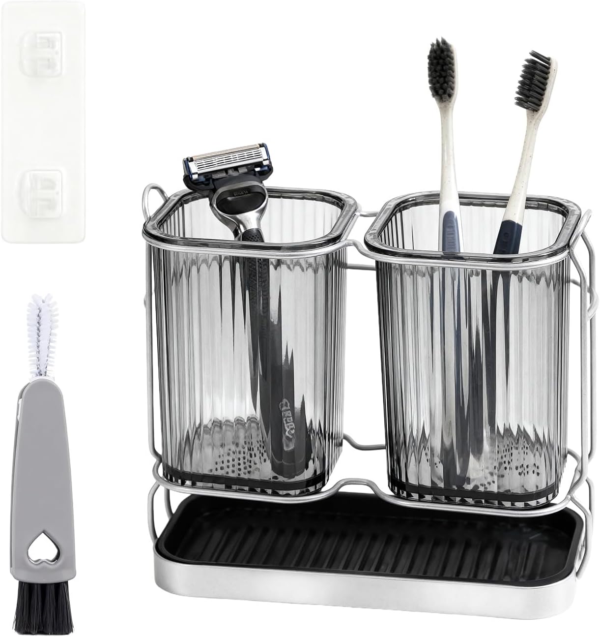 2-Pack Grey Toothbrush Holders, Wall Mounted or Countertop Toothbrush Holders with Drain Tray, All-in-One Bathroom Organizers and Storage for Toothpaste, Razors, Family & Kids (Grey)