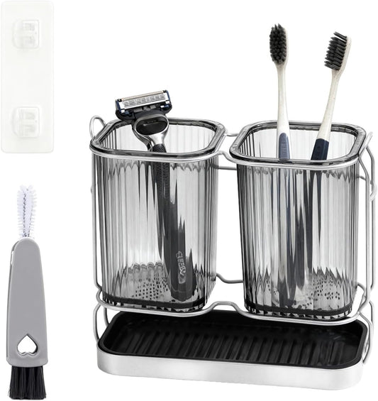 2-Pack Grey Toothbrush Holders, Wall Mounted or Countertop Toothbrush Holders with Drain Tray, All-in-One Bathroom Organizers and Storage for Toothpaste, Razors, Family & Kids (Grey)