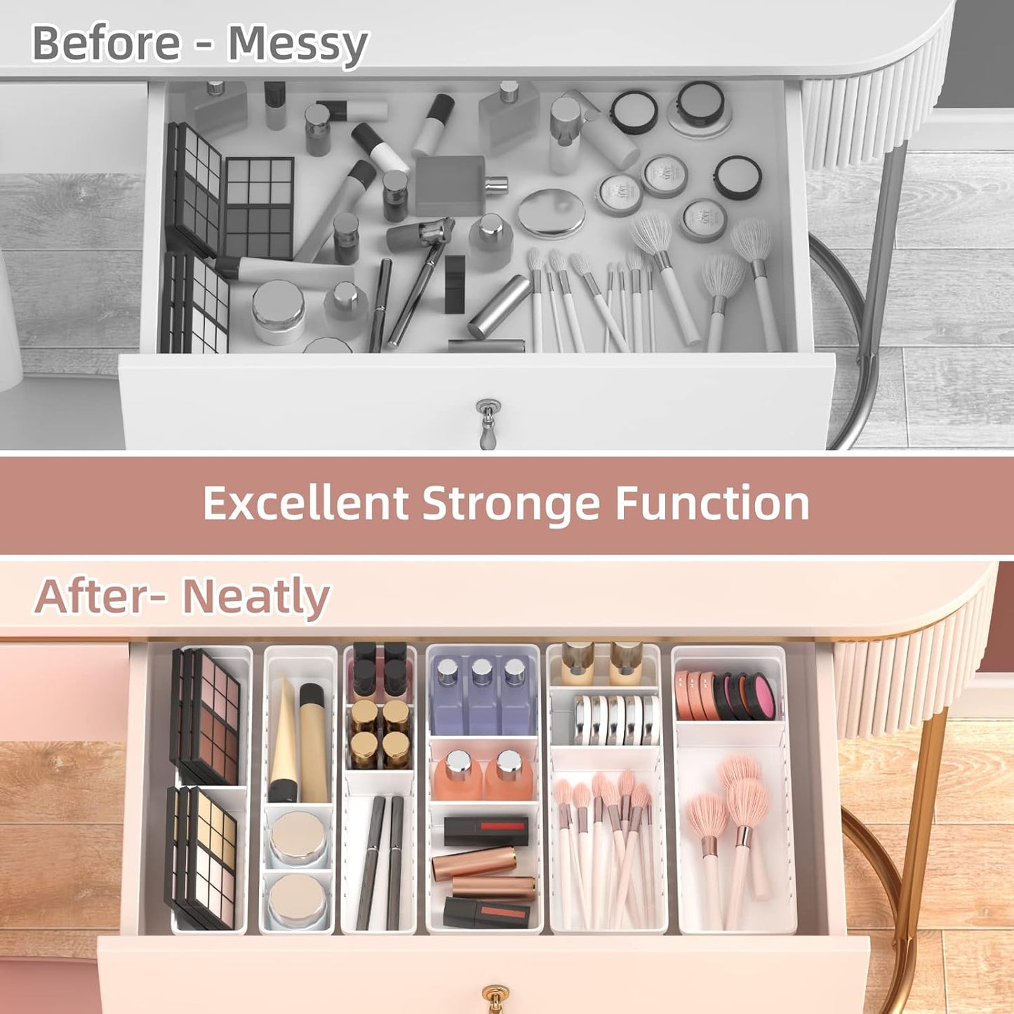 6 PCS Desk Drawer Organizer, Bathroom Drawer Organizer Trays with Dividers Adjustable, Makeup Organizer Bins for Vanity Clothes Junk Kitchen Utensil
