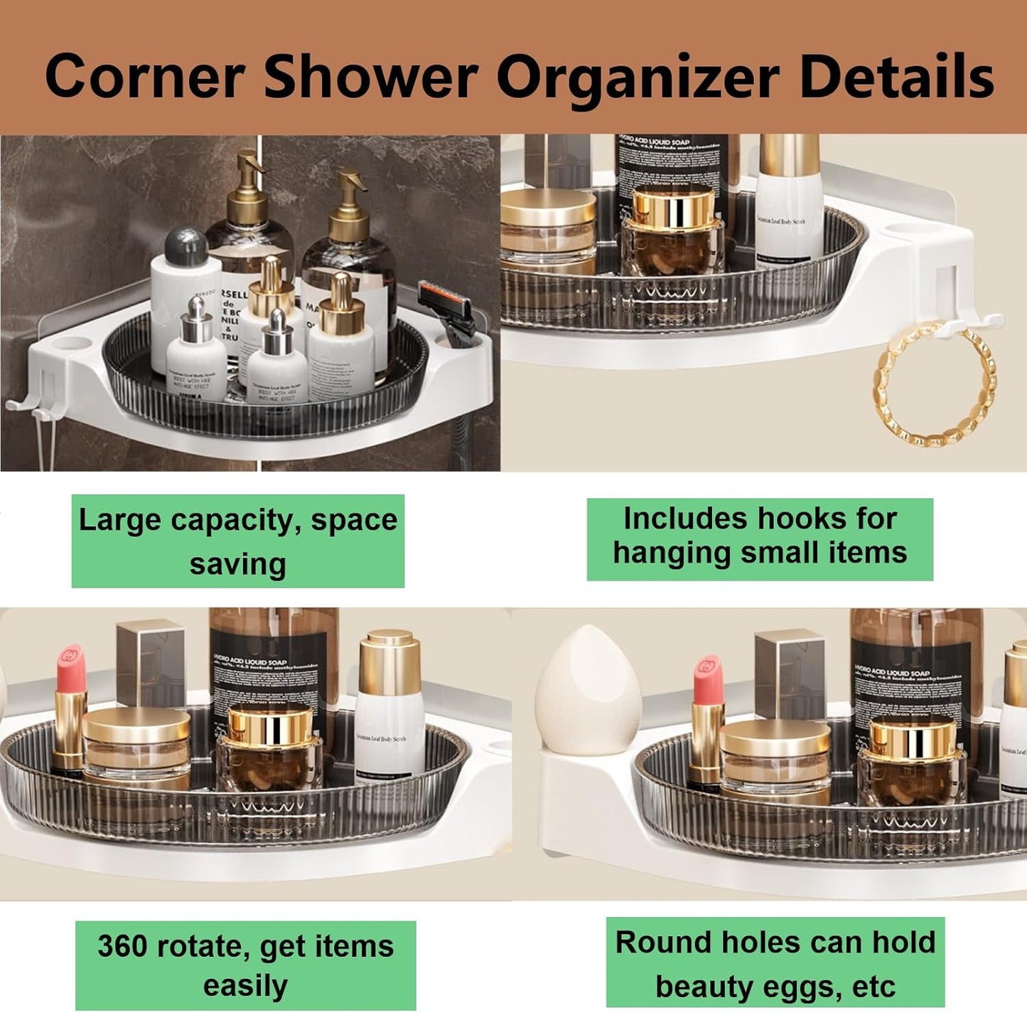360 Rotating Makeup Organizer Spinning Bathroom Organizer 1 Pack Corner Storage Organizer with Hooks for Perfume Lotion Skincare Organizer Countertop Kitchen Storage(Smoky Grey)