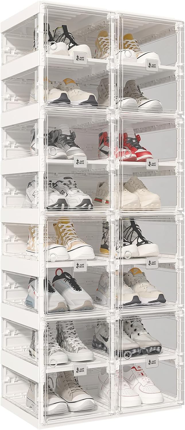 ANTBOX Foldable Shoe Rack,Shoe Organizers for Closet Plastic Shoe Storage Box Space Saving for Entryway, Large Sturdy Stackable Sneaker Cabinet Bins with Magnetic Clear Door 8 Tiers 16 Pairs