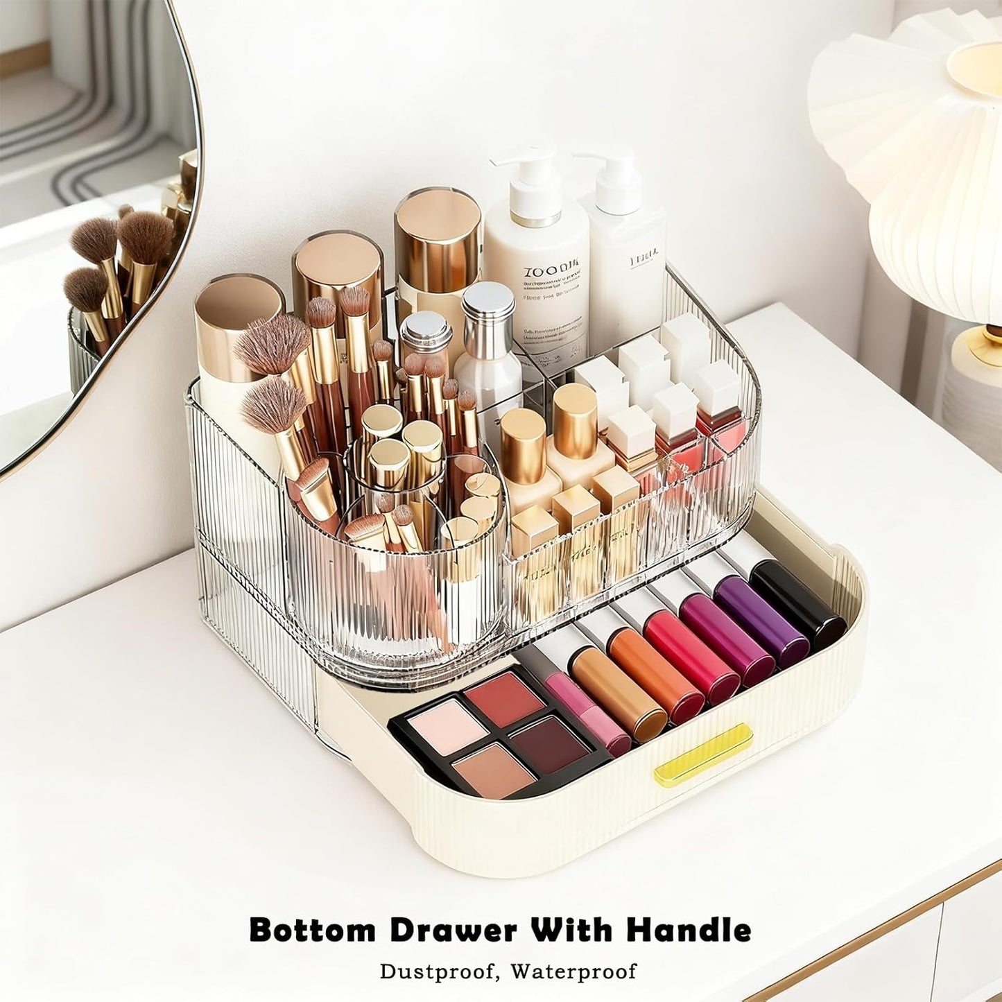 Makeup Organizer for Vanity with Stackable Drawers, 360 Rotating Makeup Brush Holder Large Cosmetic Display Case for Dresser, Bathroom Countertop Skincare Organizers and Storage