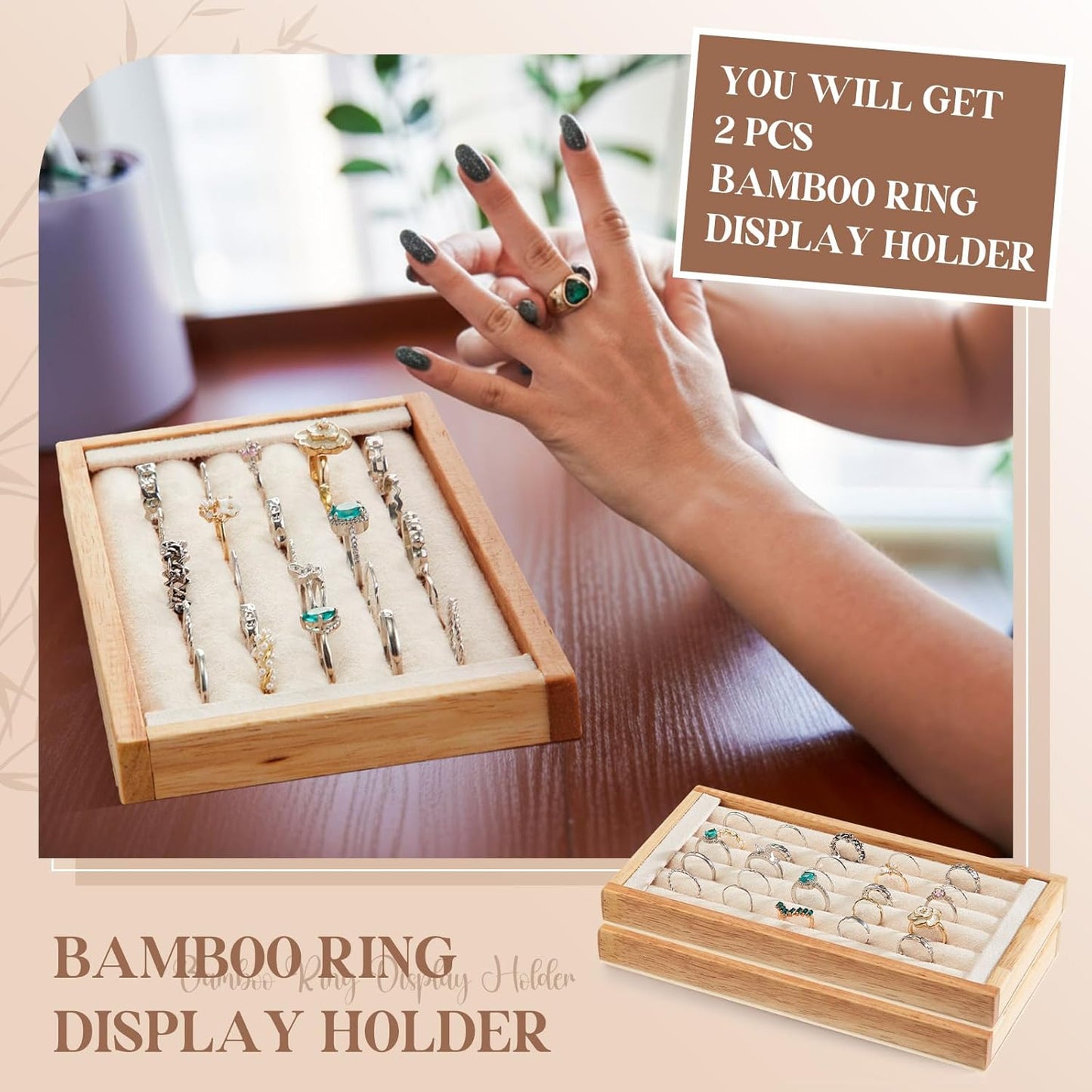 Novabright 2 Pcs Bamboo Ring Holder Bamboo Ring Display Stand 5 Slot Rings Display Tray Jewelry Storage Tray Organizer for Rings Earrings Selling Retail Stores Home Exhibitions