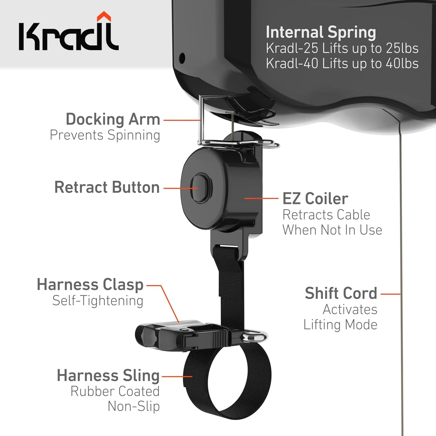 Kradl - Ceiling Mount Bike Lift and Rack. Bicycle Storage Hoist Without Electricity, Clumsy Ropes or Pulleys.