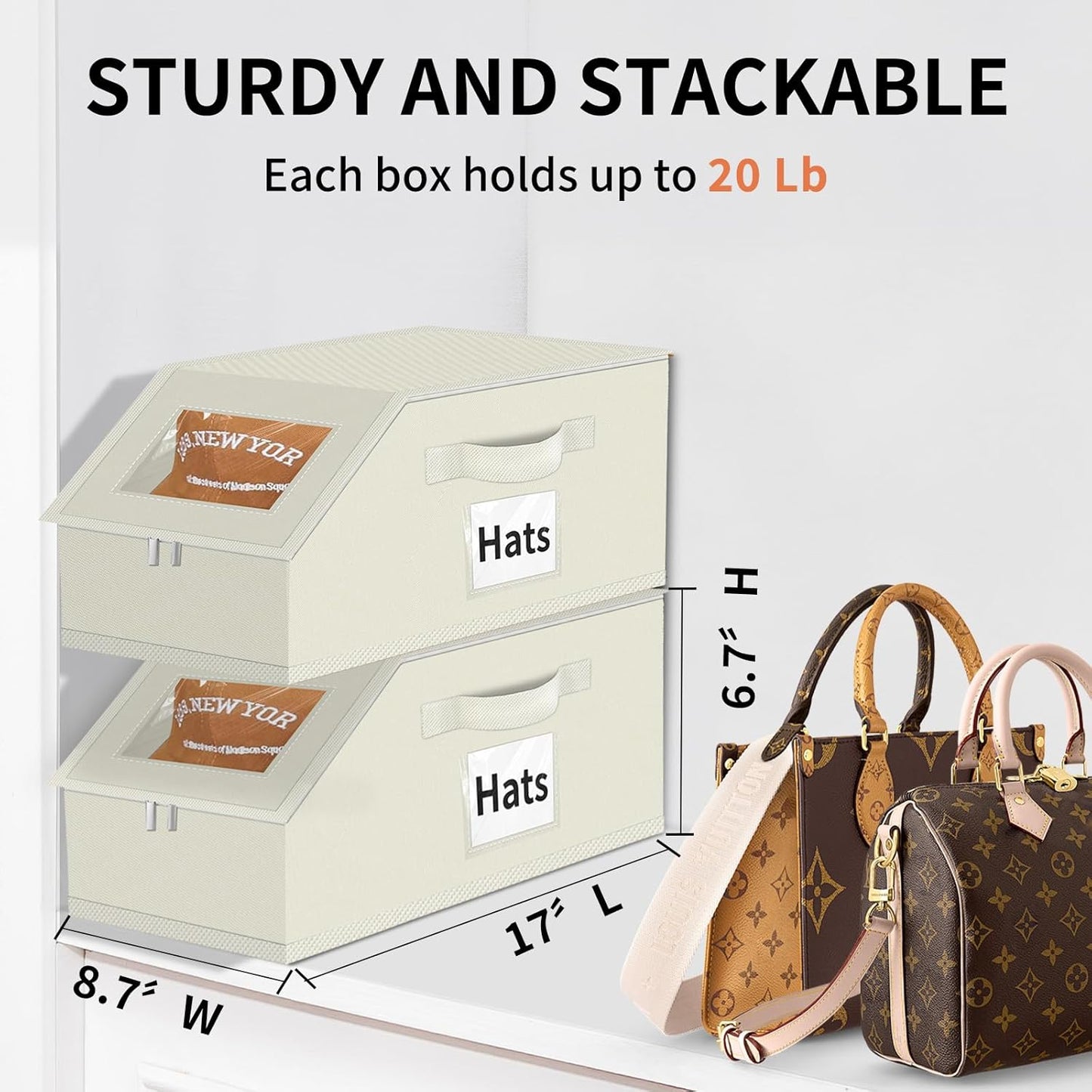 Hat Organizer for Baseball Caps - 2PCS Stackable Storage with Clear Window Lid, Flip-Top Access, Space-Saving Hat Box for Closet, Breathable Fabric (beige)
