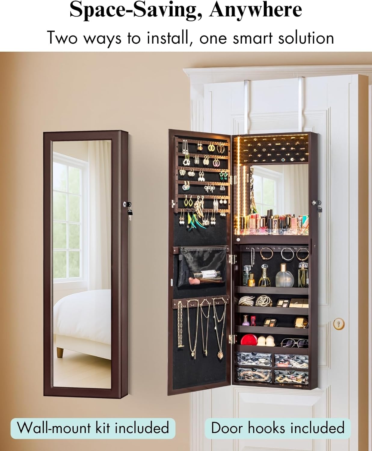 LUXFURNI Mirror Jewelry Cabinet 79 LED Lights Wall-Mount/Door-Hanging Jewelry Armoire with Mirror, Lockable Storage Organizer w/Drawers, Brown