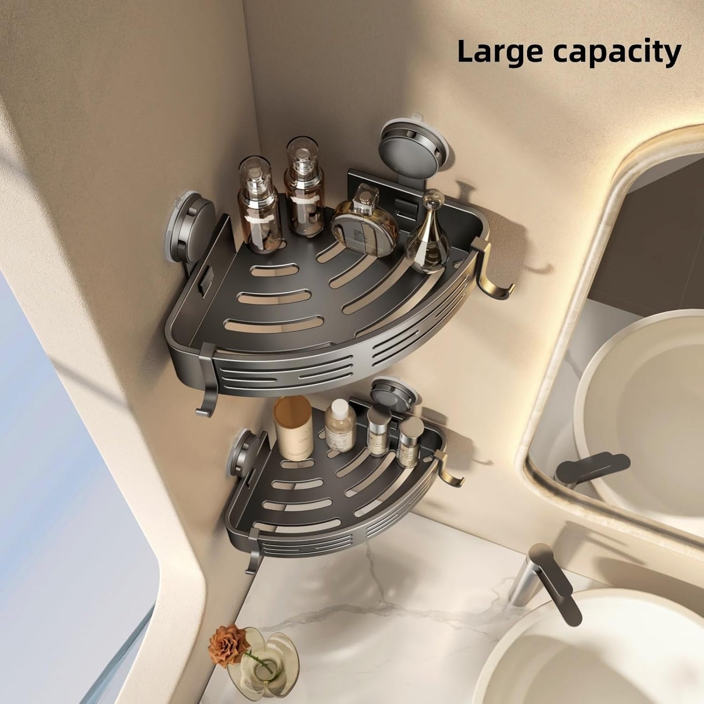VOLPONE Shower Caddy Corner Suction Cup Shelf Corner No Drilling Bathroom Shower Organizer Storage Rack Adhesive (3-Pack, gray)