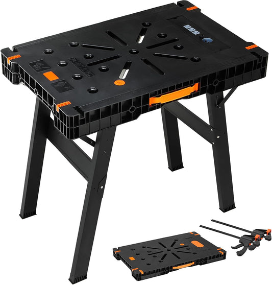 TLGREEN Folding Work Table,2 Pack,Express Portable Workbench Set of 2, Lightweight Workbench with Clamps Dogs, Clamps,Power Strip,for Garage,Table Saw,Home,Workshop,330lbs Load Capacity