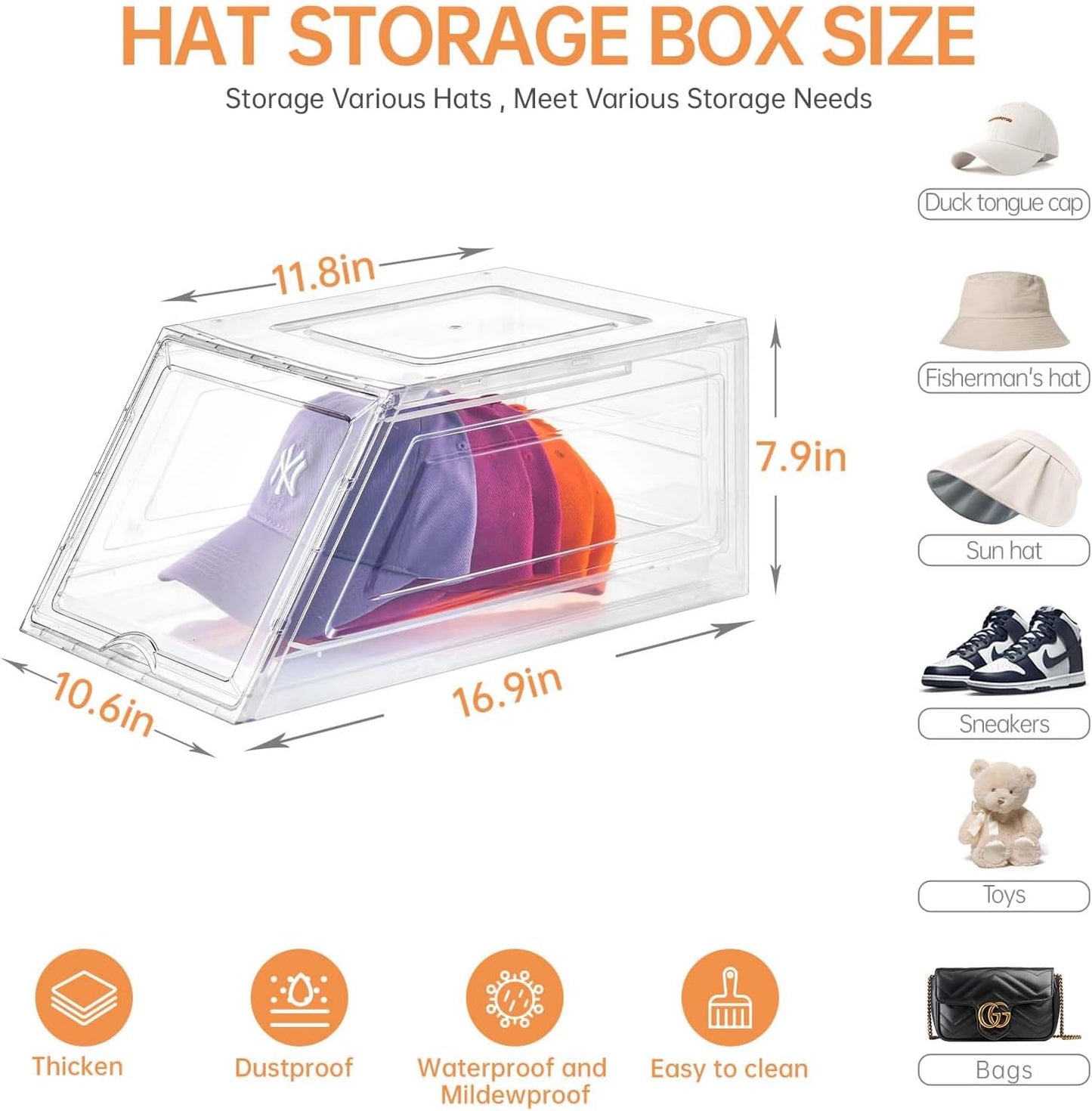 2 Pack Hat Organizer for Baseball Caps,Large Clear Cap Organizer with Drawer,Hats Holder Box for Closet with Sliding Tray,Stackable Hat Rack Display Case,Multi-use Hat Case for Caps,Each Holds 12 Hats