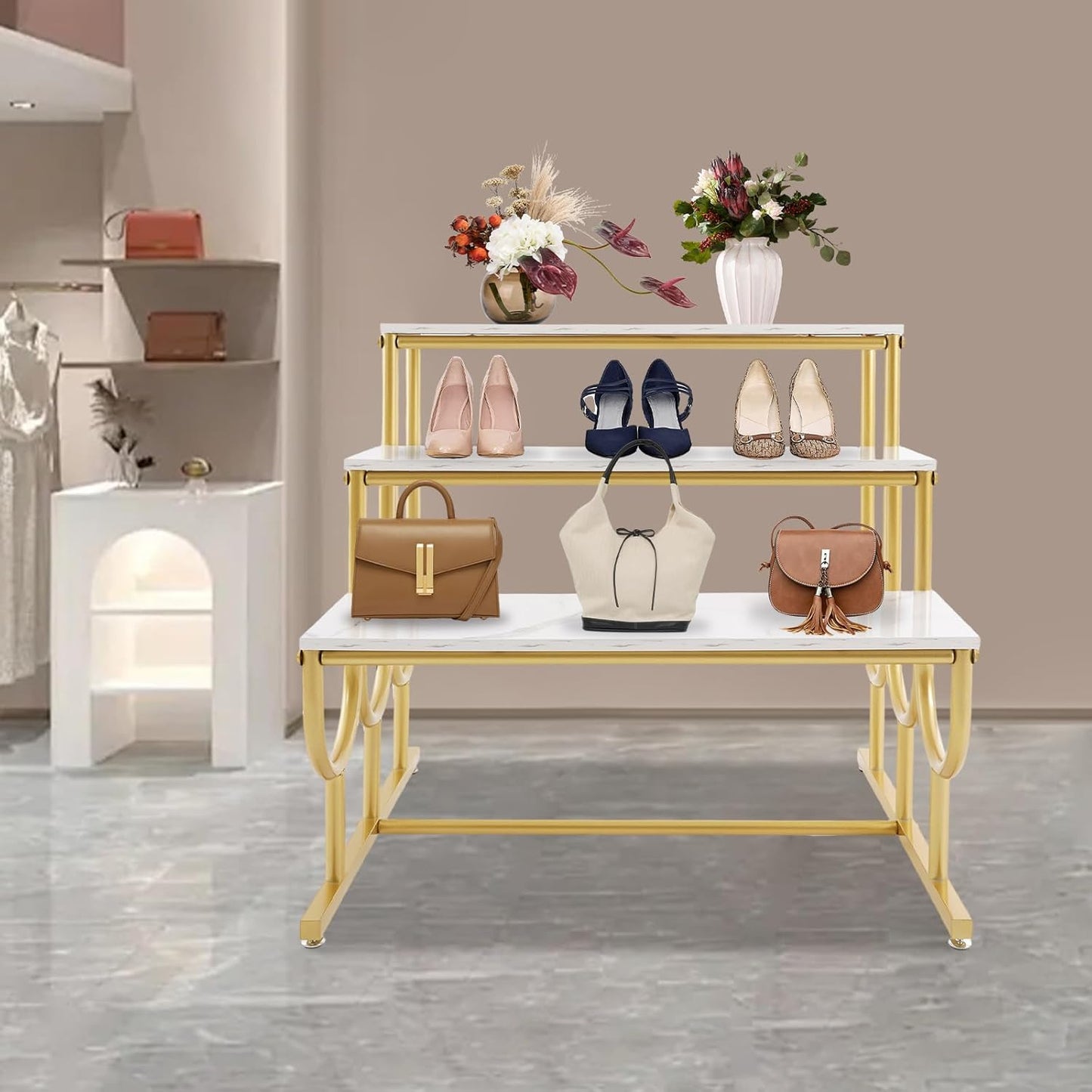 Metal Shoe Handbag Display Stand, 3 Tier Heavy Duty Display Riser Shelf, Modern Retail Display Table, Carbon Steel and Solid Wood, Gold
