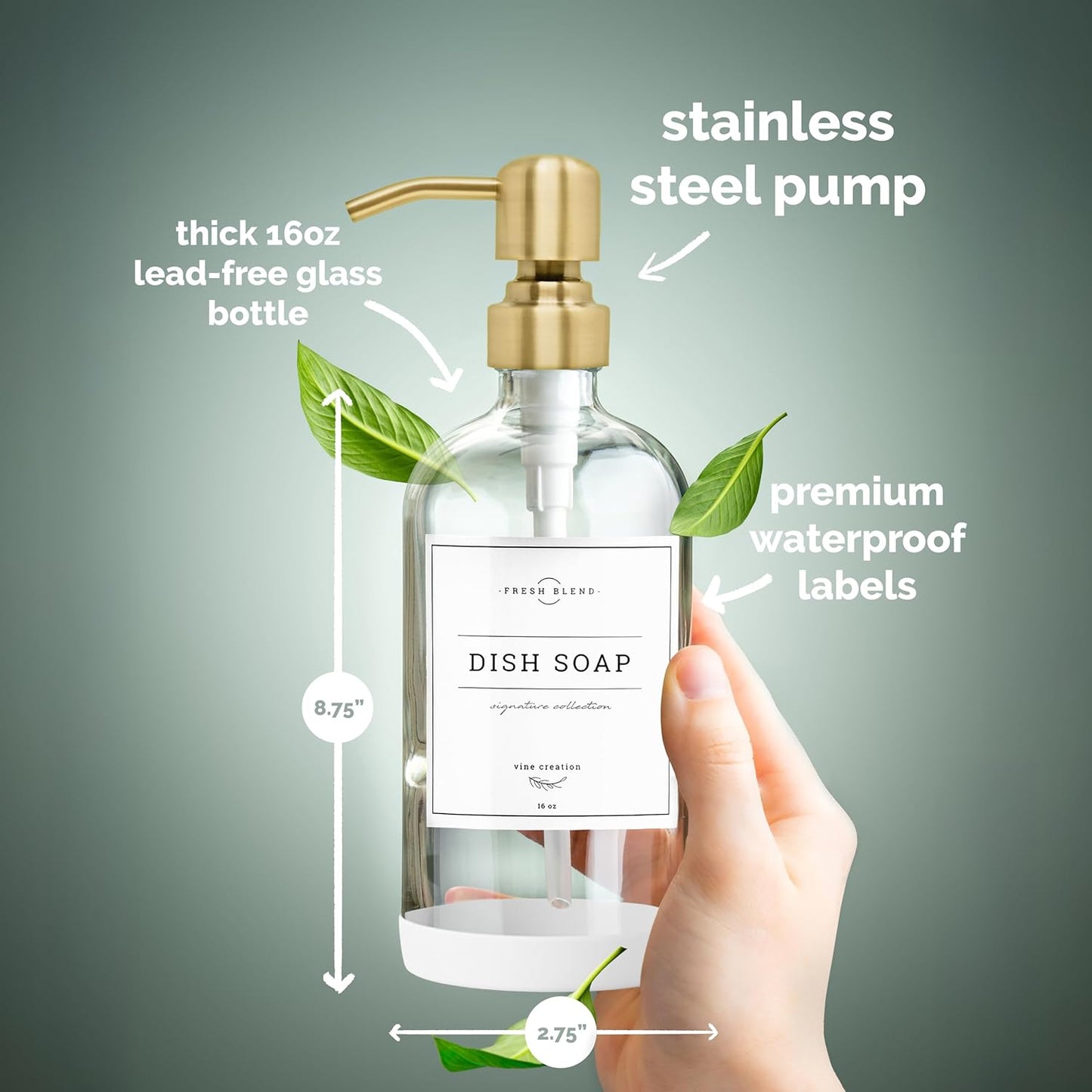 Vine Creations Clear Glass Soap Dispenser, 2 Pack Kitchen Soap Dispenser Set with Stainless Steel Pump, 16 oz Dish Soap and Hand Soap Dispensers for Bathroom with Waterproof Labels