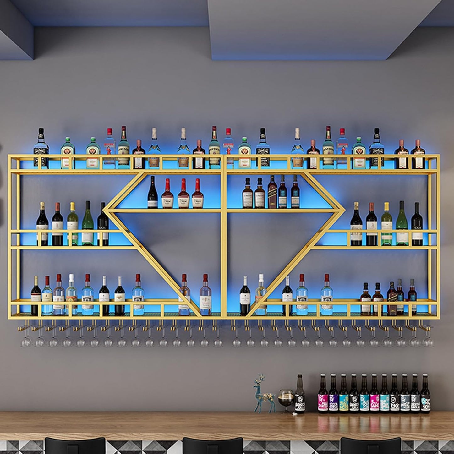 94.48in Metal Wine Rack Wall Mounted, Modern Wine Storage Rack Wall Mounted with Wine Glass Holder, Liquor Shelf, Bar Shelves for Liquor Bottles (3TIERS Gold, 94.48 * 7.87 * 33.85INCH)
