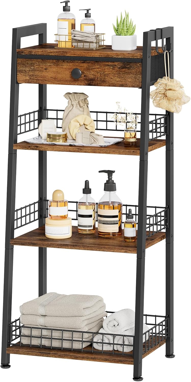 4-Tier Ladder Shelf with Drawer, Bathroom Stand Floor Storage Shelf, Freestanding Tower Table Ladder-Rustic Brown.