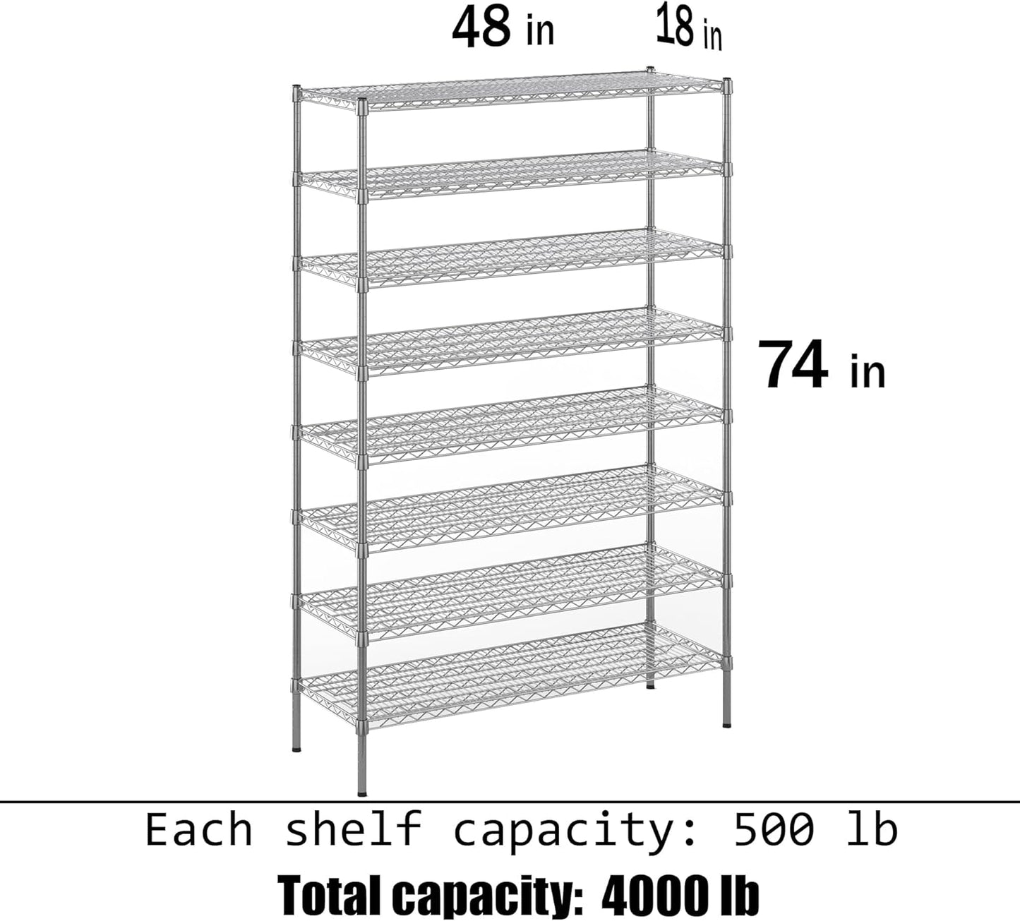 18" Deep x 48" Wide x 74" Height Wire Shelving Kit | 8-Tier | NSF Commercial Storage Rack Unit