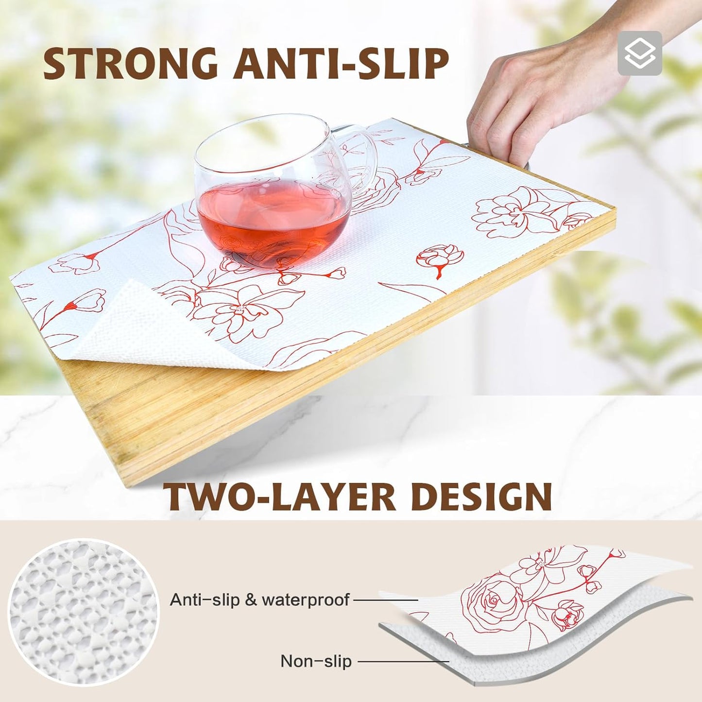 Shelf Liners for Kitchen Cabinets 17in x 20FT Non Adhesive Drawer Liner Red and White Floral Thickened Shelf Liner Paper Strong Non-Slip Easy to Clean for Tool Box with Knife and Tape Measure