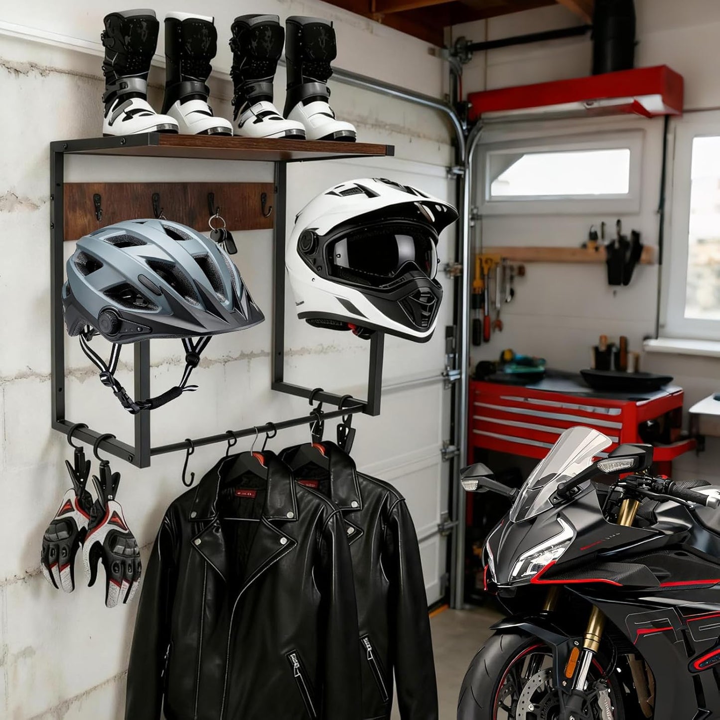 Motorcycle Helmet Wall Mount Rack, Heavy-Duty Helmet Holder with Storage Shelf for Moto Gear Accessories Organization, 2 Helmet Stands, 4 Clips, 9 Hooks for Hanging Gloves, Keys, Jackets