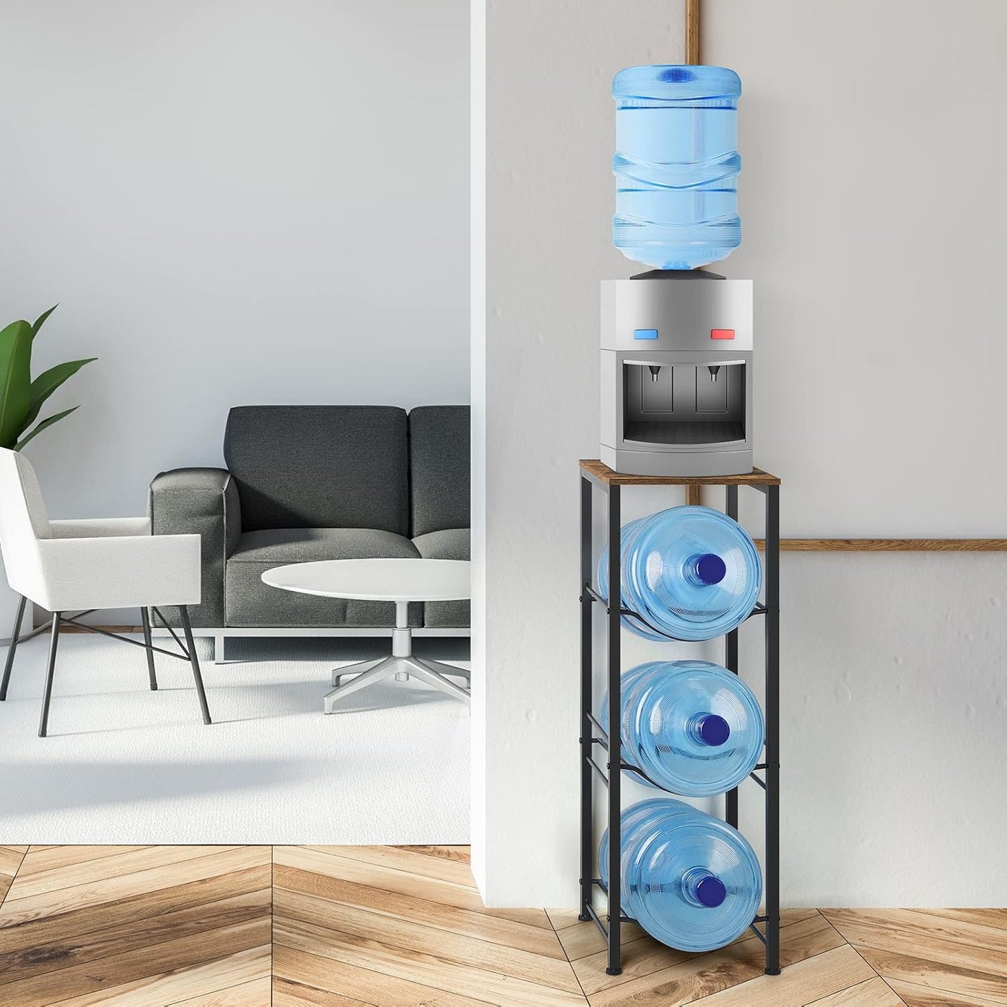 5 Gallon Water Jug Holder 3-Tiers Water Dispenser Stand Rack, Water Bottle Organizer with Storage Shelves for Kitchen Living Room Office, Rustic Brown