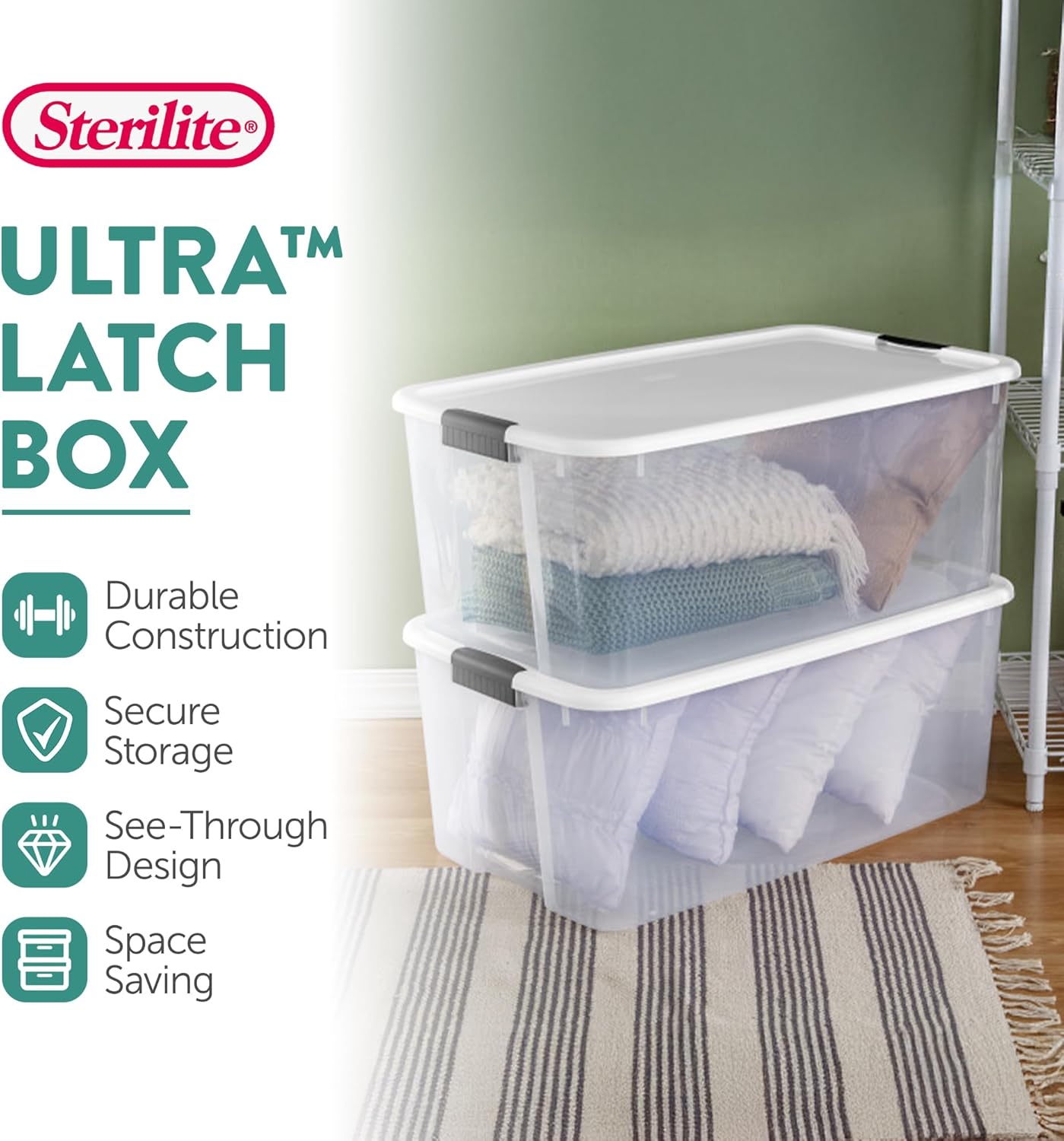 Sterilite 12-Pack Ultra Latching Box, Storage Bins with Lids, Clear Plastic, 116 Quart - Heavy-Duty Organizing Containers for Closet, Bathroom, and Office
