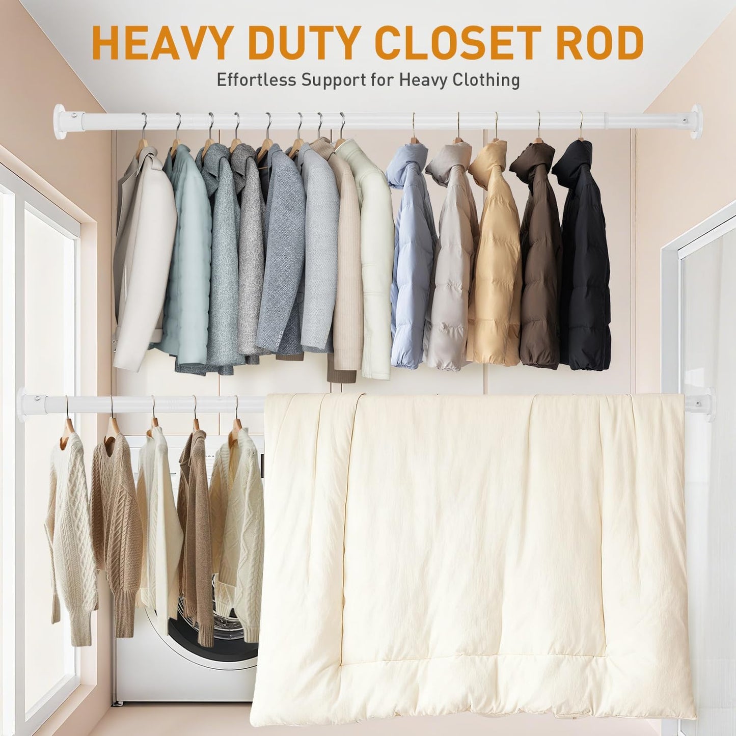 White Adjustable Closet Rod 18-77 Inches, Heavy Duty Metal Clothes Hanging Rod, Rust-Proof Non-Slip Wardrobe Bar for Closet, Laundry Room, RV