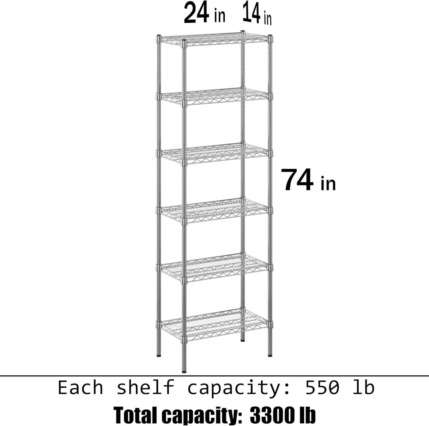 14" Deep x 24" Wide x 74" Height Wire Shelving Kit | 6-Tier | NSF Commercial Storage Rack Unit