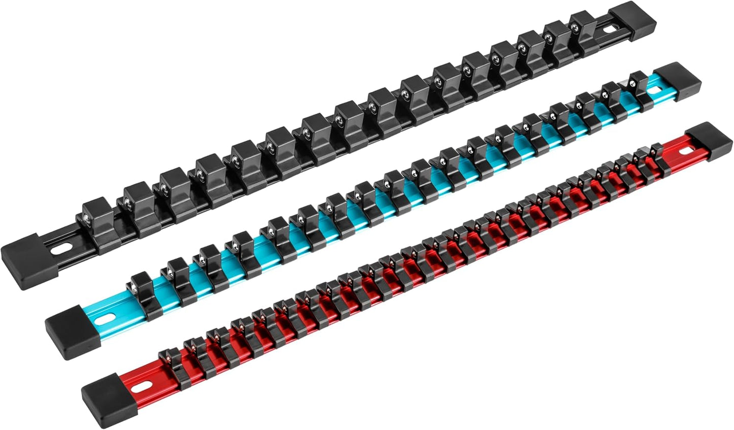 DURATECH Socket Organizer Set, 3-Piece Aluminum Alloy Socket Holder, Heavy Duty Socket Rail, 1/4" x 24 Clips, 3/8" x 18 Clips, 1/2" x 16 Clips