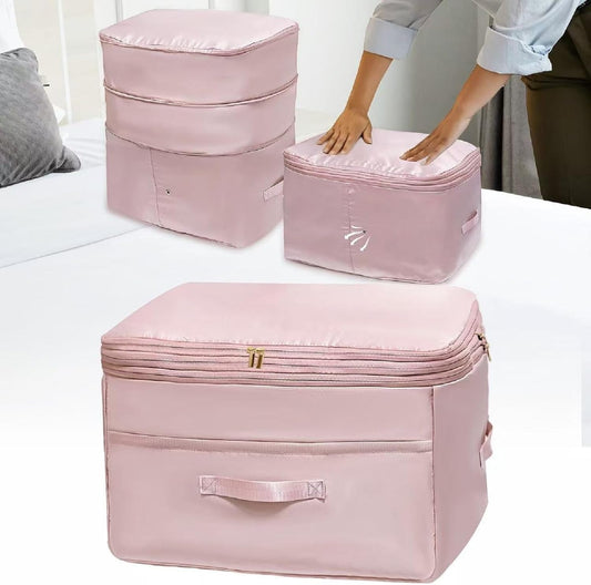 Ultra Space Saving Self Compression Organizers, Double Zipper Compression Packing Cubes for Bedding, Comforter Storage Bag for Blankets Duvet Quilts Pillows Queen King (Pink, X-Large)