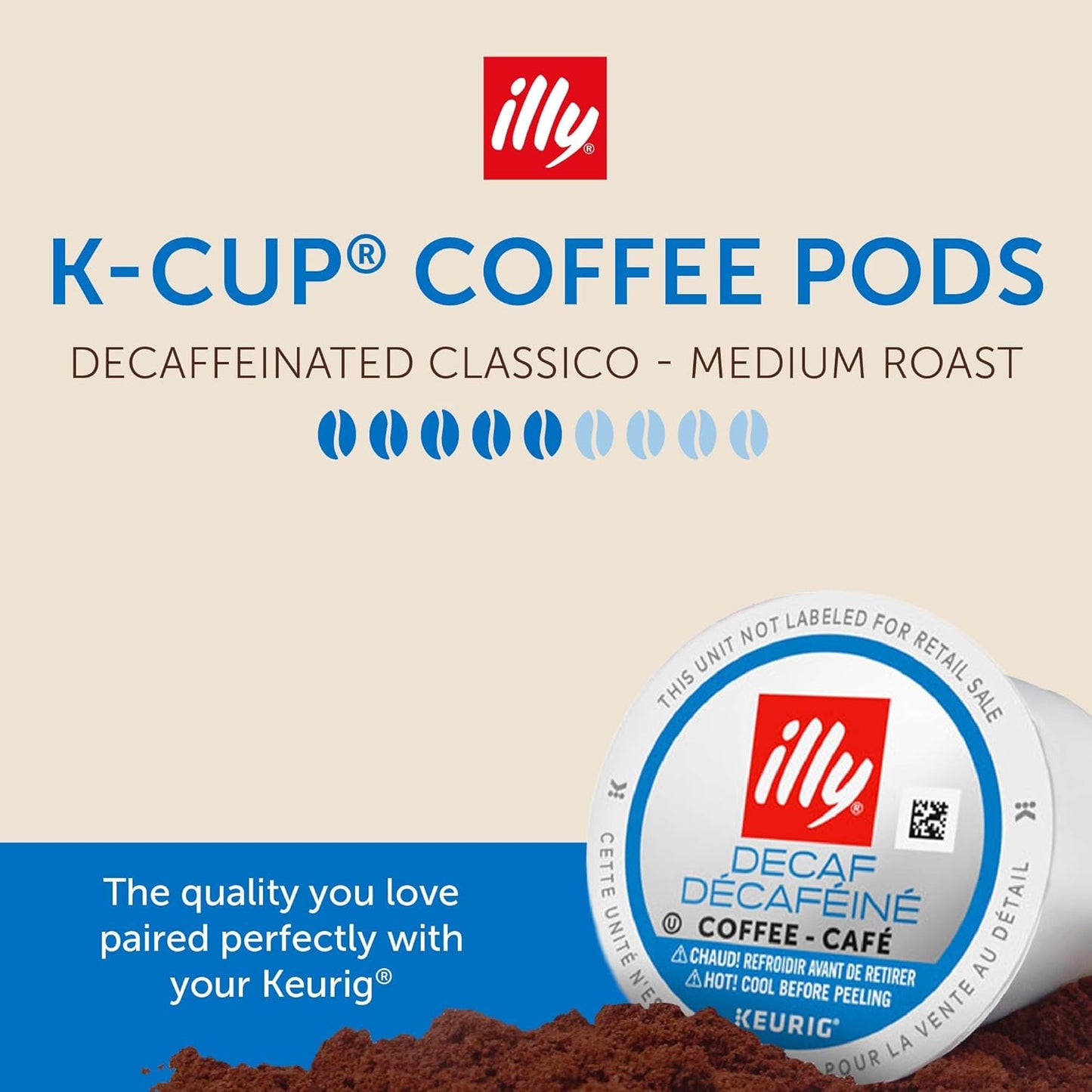 Illy Decaf Coffee K Cups - Compatible Pods for Keurig Coffee Maker - Classico Decaffeinated Roast - Mild & Balanced, Notes of Caramel - 10 Count (Pack of 6)