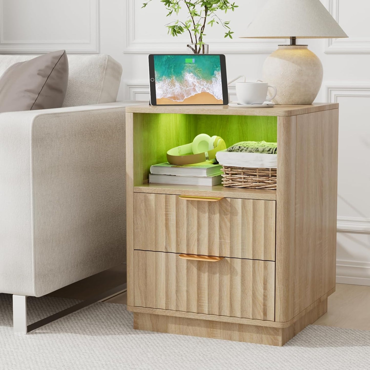 VOWNER Fluted Nightstand with Charging Station, 18” RGB Night Stand with 2 Drawers, End Table with Storage Shelf, Curved Profile Design Side Table, Bedside Table for Bedroom Living Room, Oak