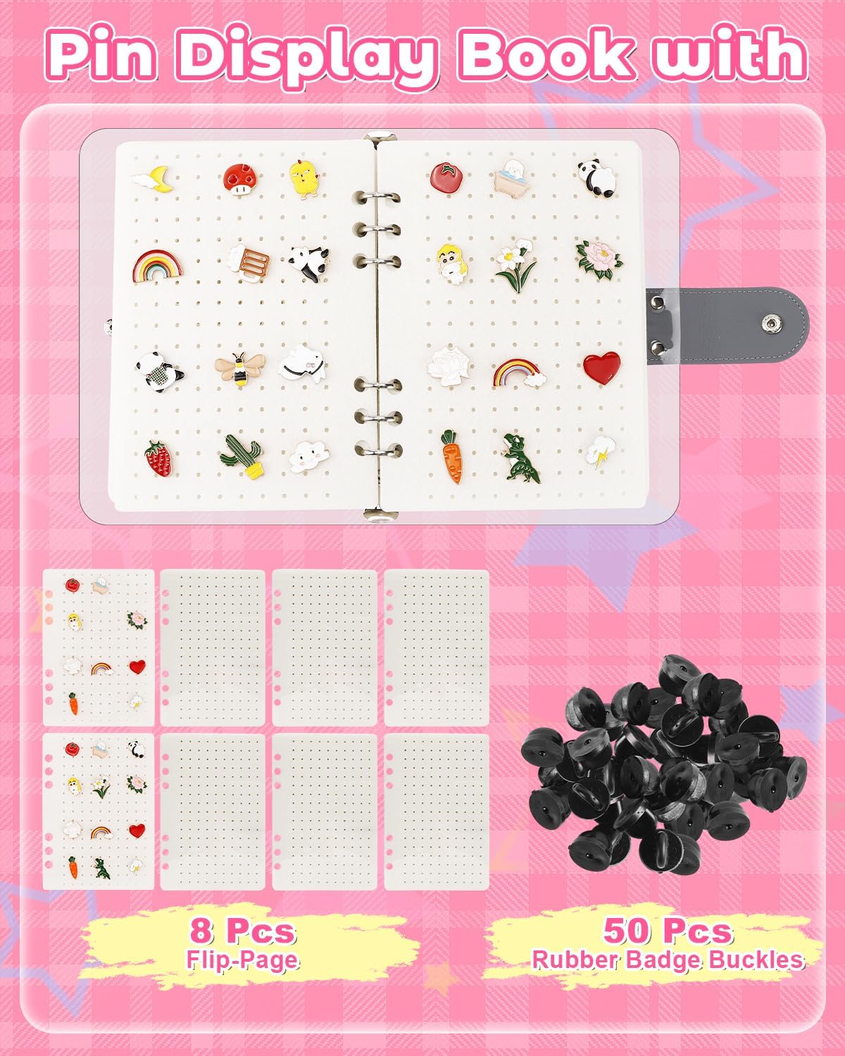 UCEC White Enamel Pin Display Book & 50 PCS Pin Backs, A5 Binder Album for Pins and Brooch, 8-Page Button Pinfolio Trading Organizer with Clear PVC Cover, Portable Enamel Pin Collection Storage Book