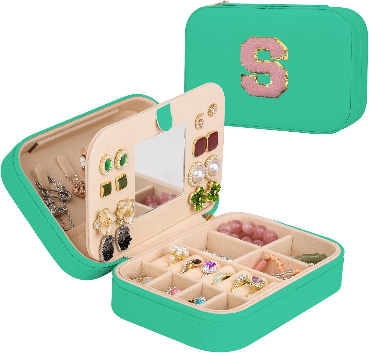 TopPerfekt Travel Jewelry Case, Jewelry Box with Mirror, Jewelry Organizer Bridal Shower Gifts to Her, Earring Storage Travel Case, Trendy Gift for Women and Girls, Girlfriend-Letter S, Green