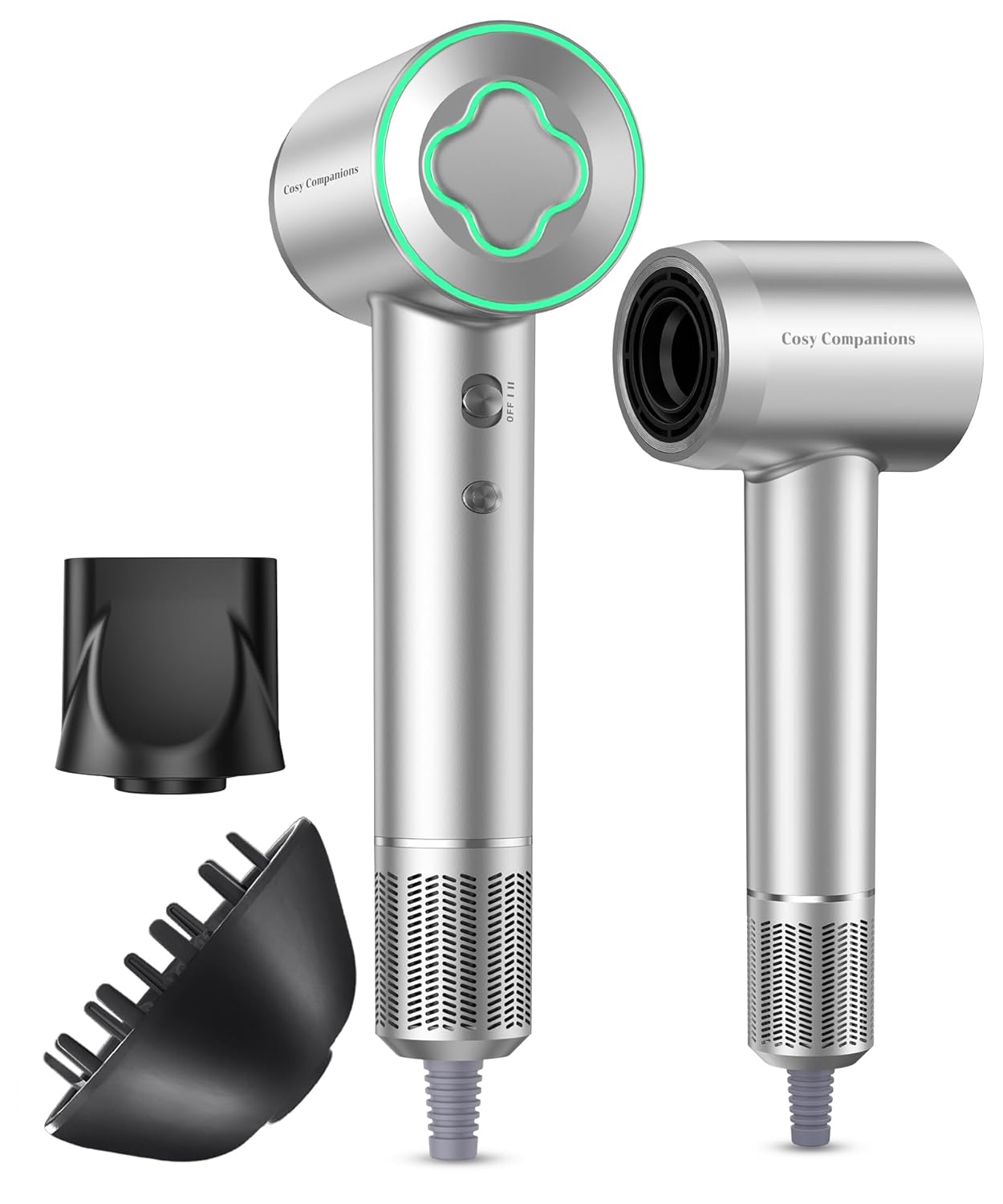 Hair Dryer - 150000 RPM High-Speed Brushless Motor Negative Ionic Blow Dryer for Fast Drying, Low Noise Thermo-Control Hair Dryer with Diffuser and Nozzle, Silvery