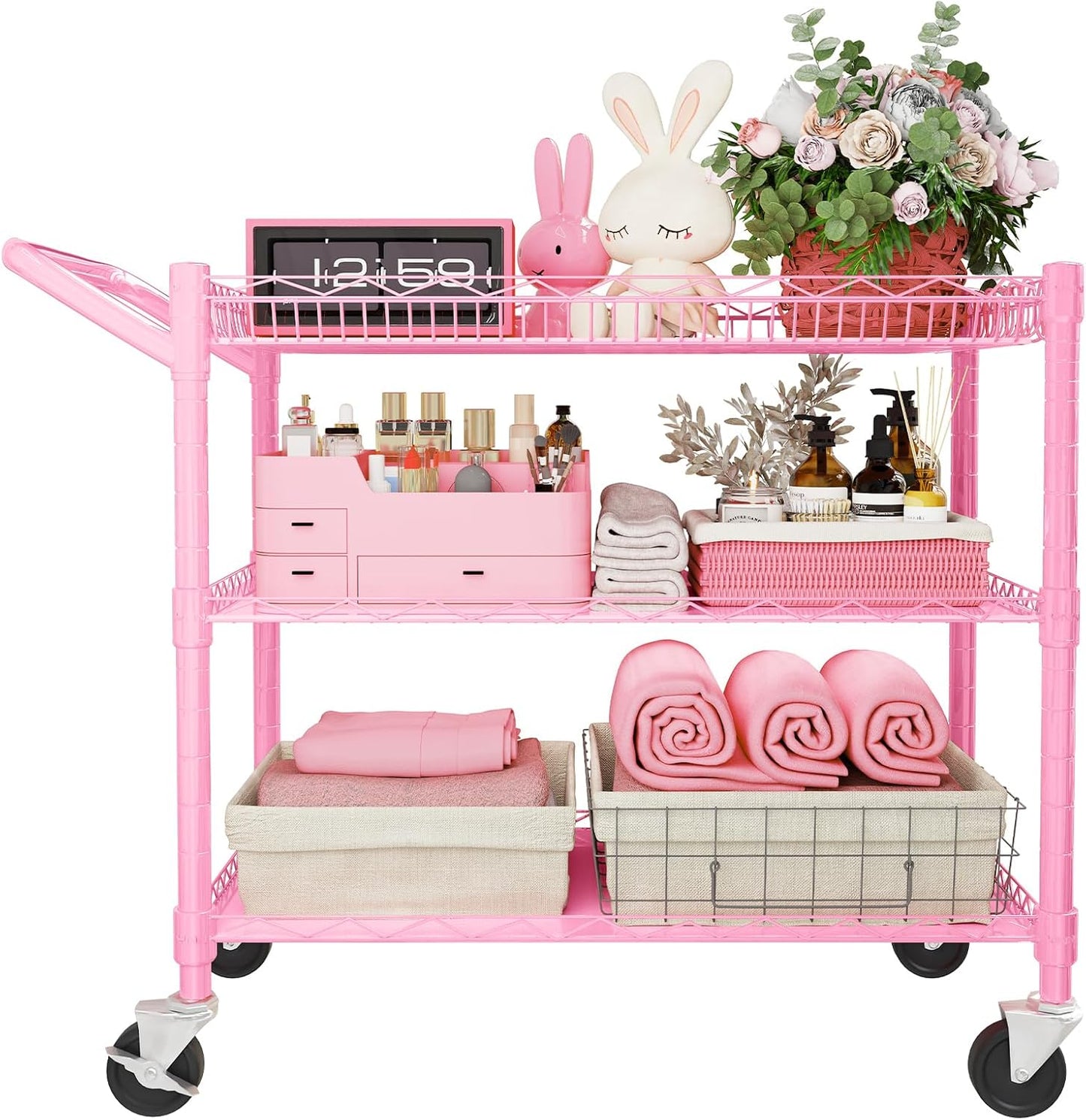 YNN Pink Rolling Cart, 990Lbs 3 Tier Heavy Duty Metal Cart with Wheels & Handle NSF Wheeled Cart 31" D x 18" W x 33" H for Bedroom, Bathroom, Kitchen,Garden,Decor,Serving