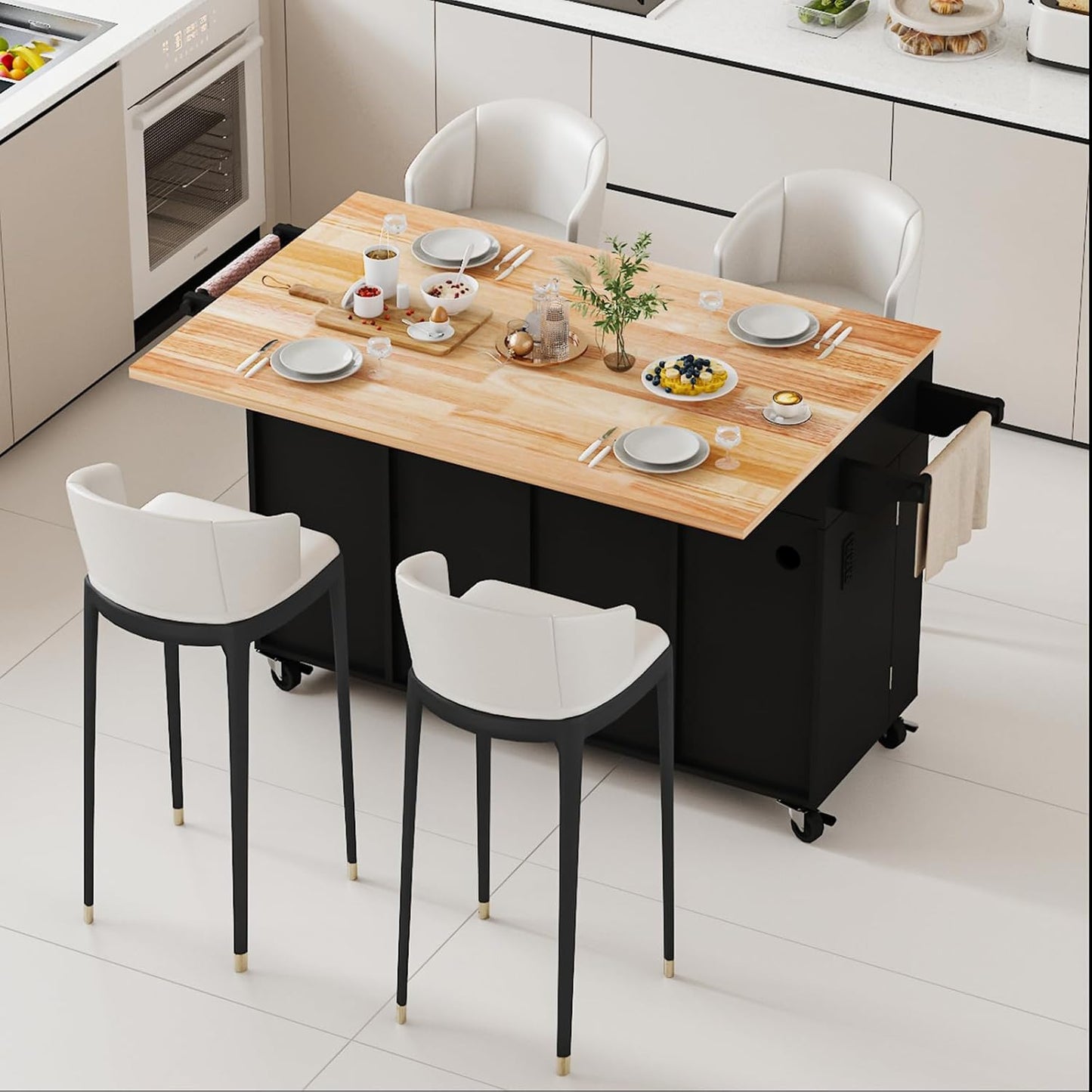 59’’ Rolling Kitchen Island Cart with Drop Leaf and Power Outlet, Movable Kitchen Islands with 3-Tier Door Storage Shelf, Island Table on Wheels, 2 Large Drawers, Towel Racks, Black