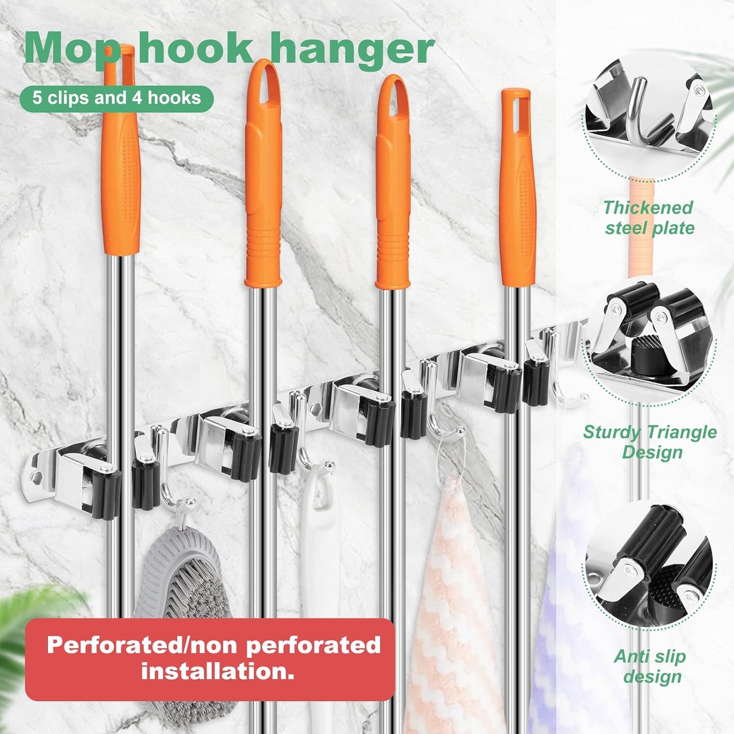2 Pack Broom Holder Wall Mount 5 Racks 4 Hooks Stainless Steel Broom Mop Holder Anti Slip Storage Rack Strong Load Bearing Waterproof Broom and Mop Organizer Wall Hanging for Bathroom Kitchen Garage