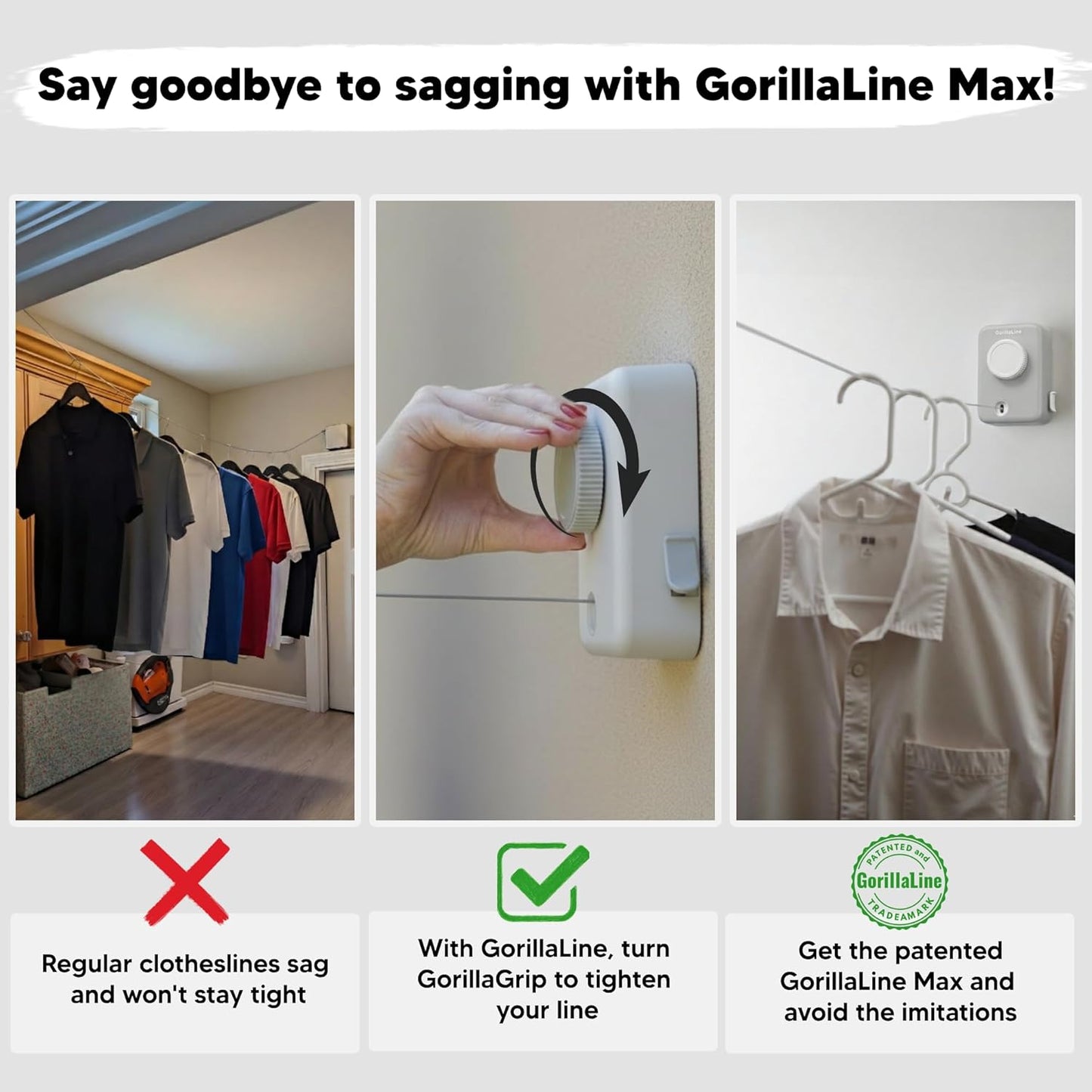 GorillaLine Max - Retractable Clothesline Indoor Outdoor Clothes Line - Heavy Duty Clothes Drying Laundry Line - Wall Mounted Drying Rack - Air Dry Clothing - Max Tighten with GorillaGrip