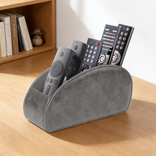 TV Remote Control Holder with 5 Compartments,Pu Leather Remote Caddy/Tray Bedside Table Desk Storage Organizer for DVD, Blu-Ray, Media Player, Heater Controllers andMakeup storage box (Grey)