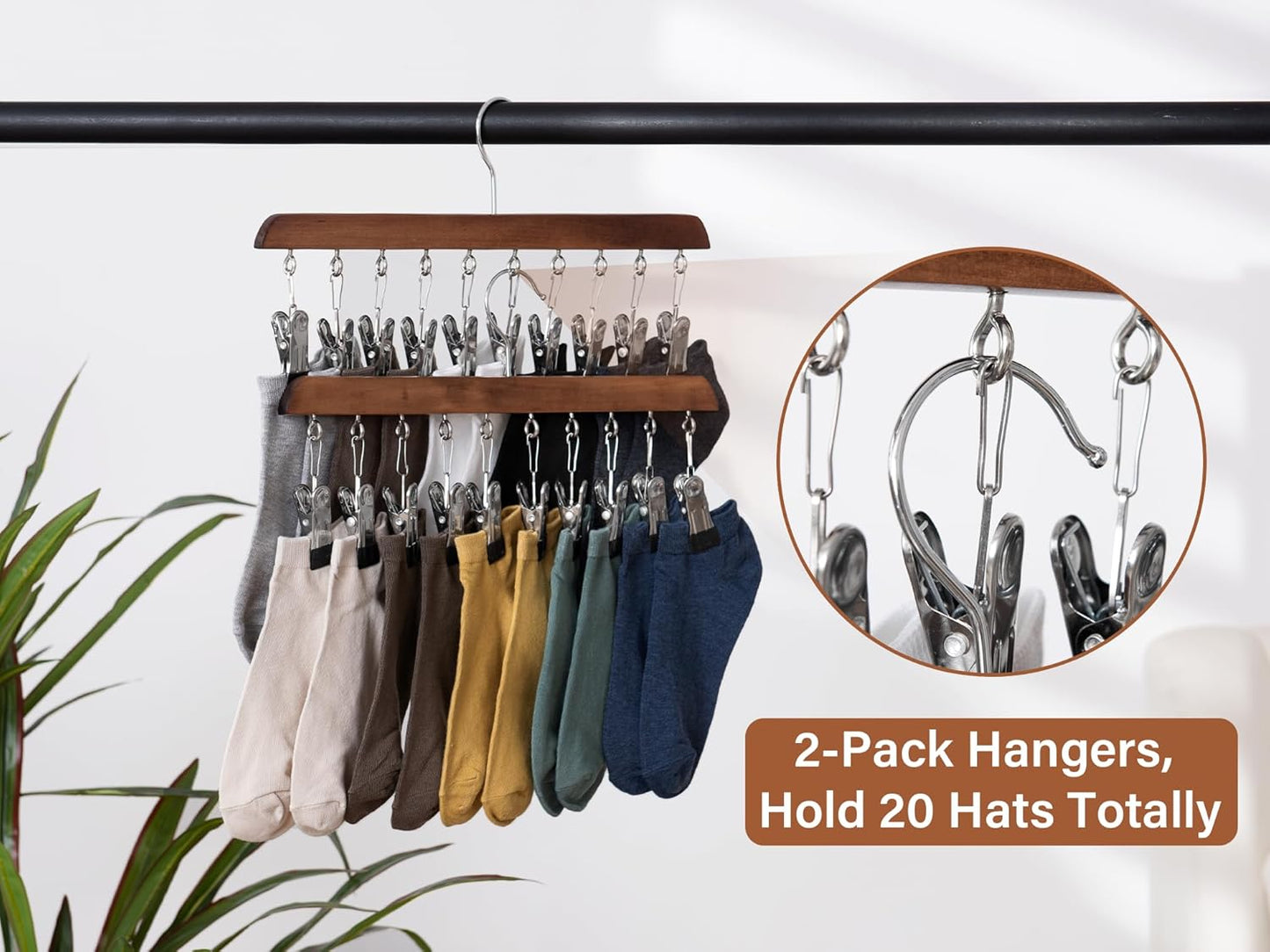 StorageWorks Hat Rack, Closet Organizer and Storage for Baseball Caps,Set of 2 with 10 Adjustable Stainless Steel Clips, Fits All Caps, Natural Walnut Color