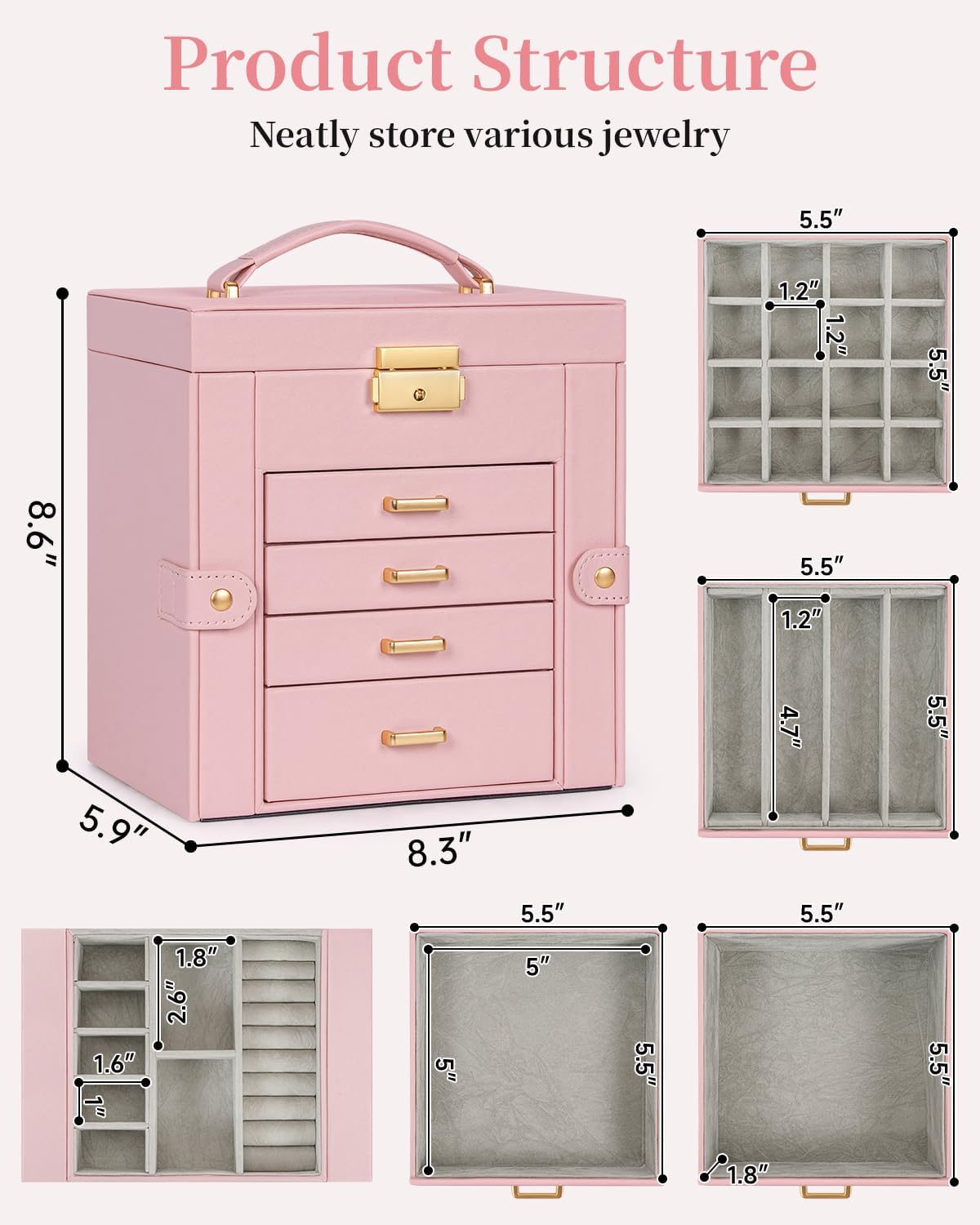 TORIBIO Jewelry Box for Women, Leather Jewelry Organizer with Mirror & Lock, 5-Tier Jewelry Storage Organizer with 4 Drawers for Girls/Women/Mothers, Necklace Earring Bracelets Holder Organizer