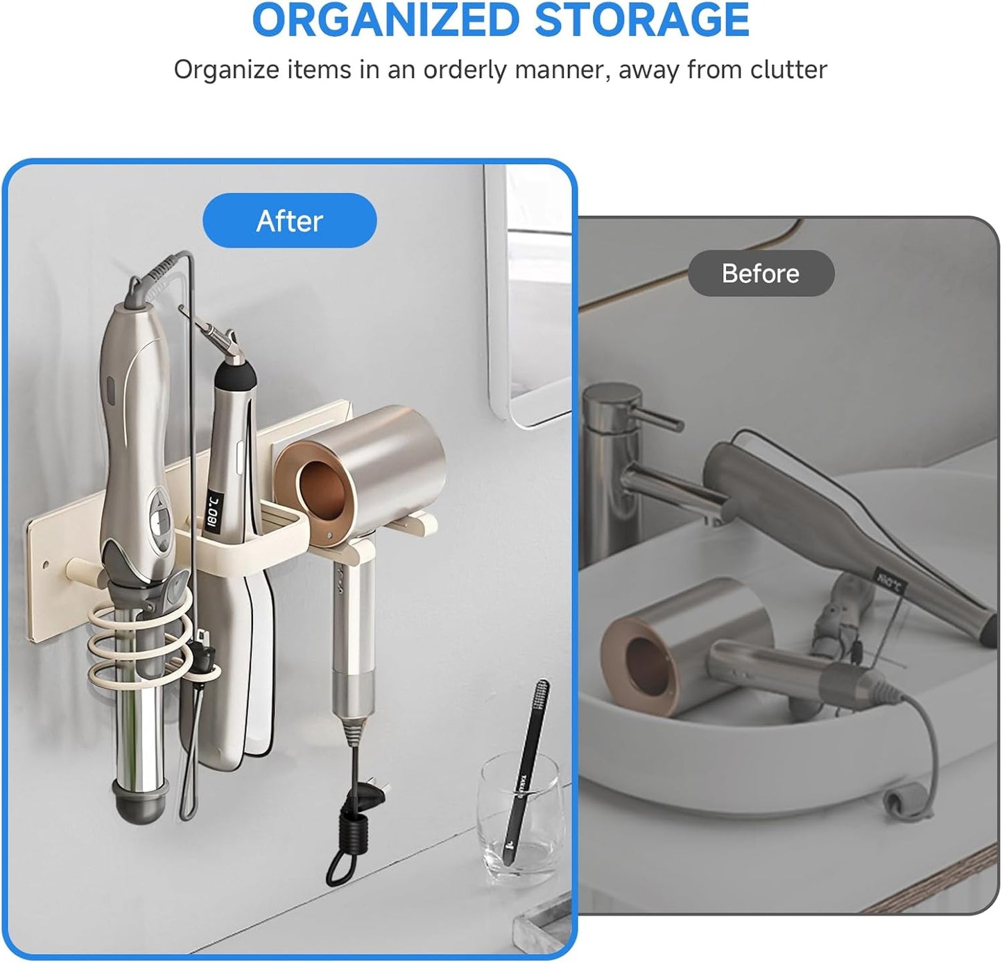 Hair Dryer Holder Wall Mounted,Blow Dryer, Curling Iron, Straightener Holder 3 in 1 Bathroom Metal Hair Tool Organizer Rack-White-2