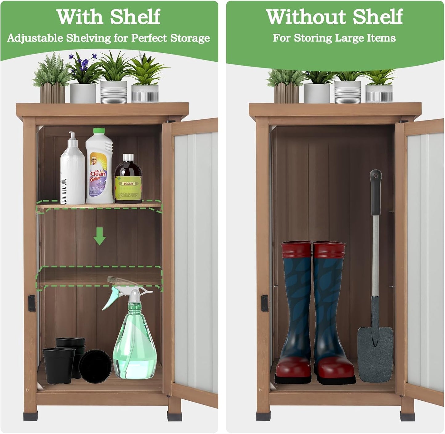 Small Outdoor Storage Cabinet Waterproof with Metal Top, Wood & Metal Outside Potting Bench Table Tool Organizer with Adjustable Shelf for Patio Backyard Garden