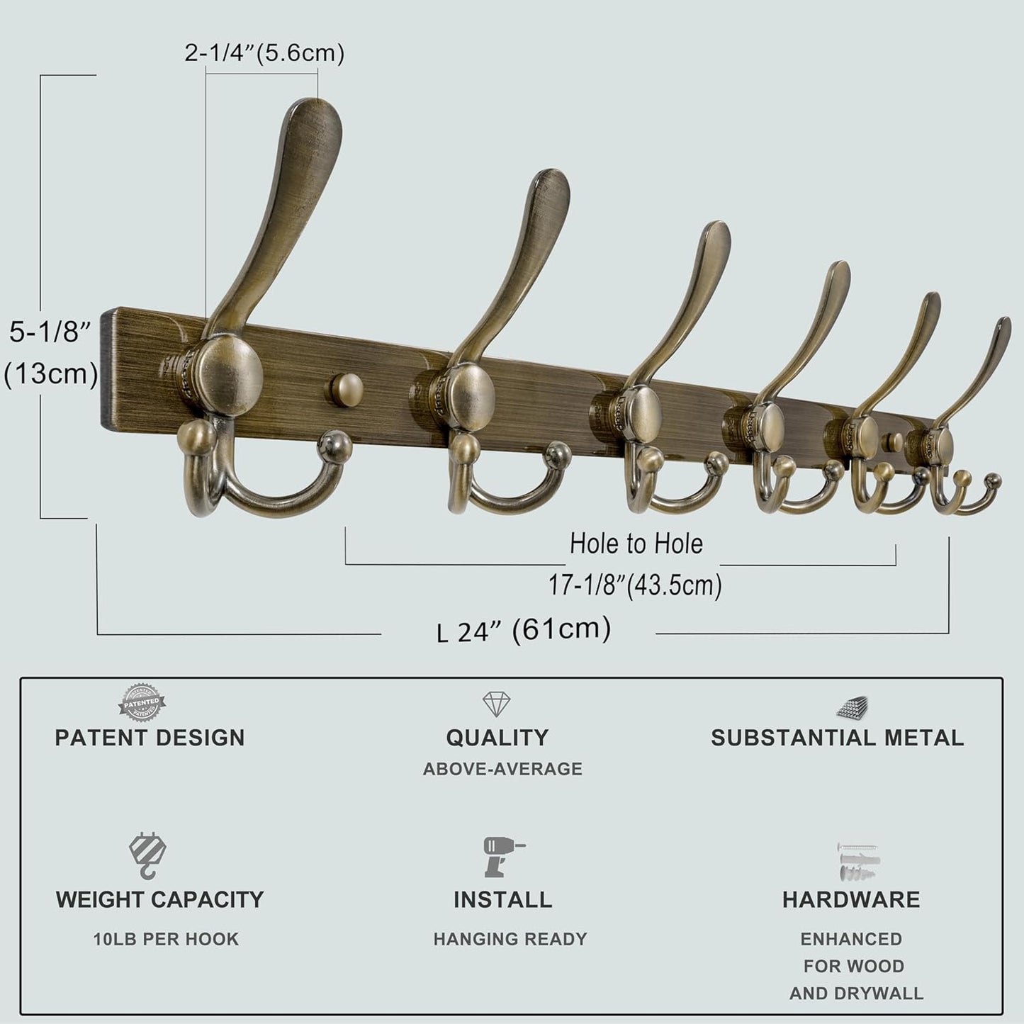 Dseap Coat Rack Wall Mount 2.0 Pro: 24” Long, 3X Tougher, Heavy Duty Stainless Steel Wall Coat Hanger with 6 Tri Hooks for Clothes Jackets Hats Entryway Closet, Bronze
