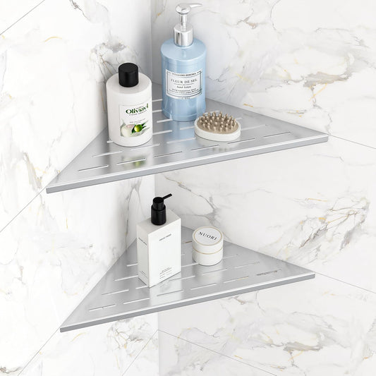 Corner Shower Shelves, 12” Recessed Tile Shower Shelf, 304 Stainless Steel Grout in Corner Tile Shower Shelves, No Drilling, Brushed Nickel, 2 Pack