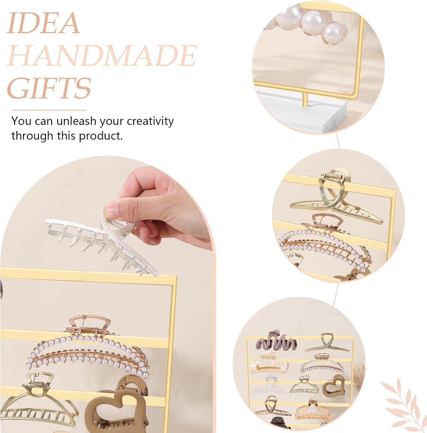 SNOWSTAR Hair Claw Clip Holder Organizer - 5 Tier Iron Rod Hair Clip Holder Storage for Women Girls, Wood Base Desktop Organizer