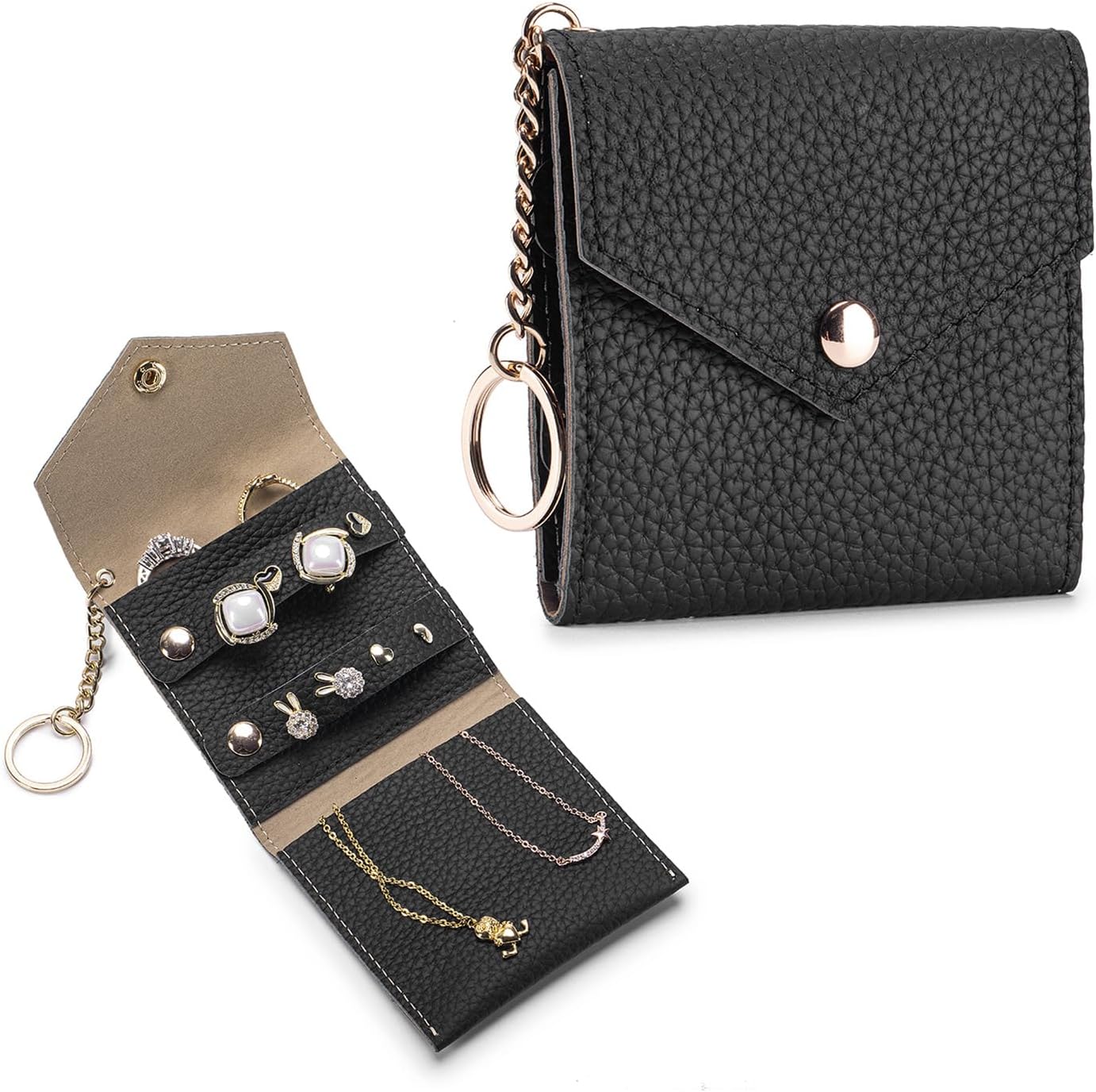 Small Travel Jewelry Organizer Case for Women, Genuine Leather Mini Jewelry Roll with Keychain, Portable Earring Ring Necklace Storage Pouch for Short Trips & Daily Use (Black)