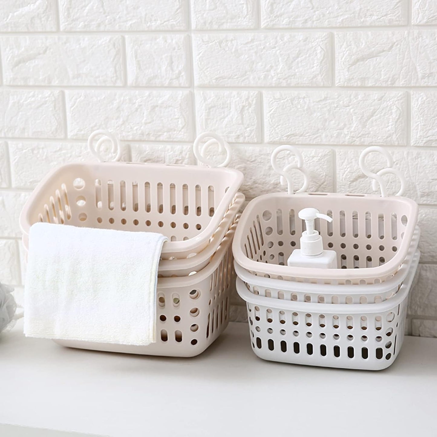 3PCS Plastic Hanging Baskets for Shower, Hanging Basket Organizer with Hooks, Rectangle 8.5Inches Small Hanging Storage Basket (Beige)