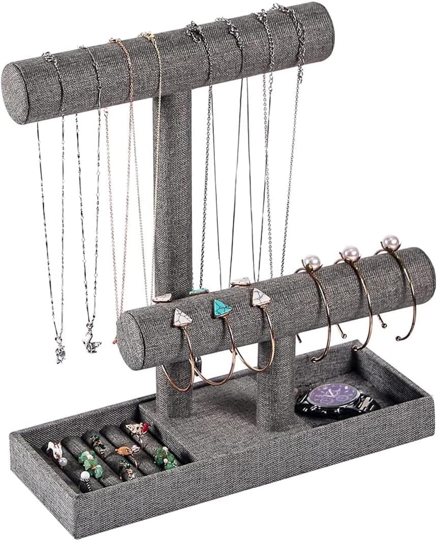Coward 2 Tier Necklace Bracelet Holder Organizer with Ring Tray, Linen Jewelry Display Stand for Watch Scrunchie Lipstick, Perfumes,Nail polish (Gray Linen)
