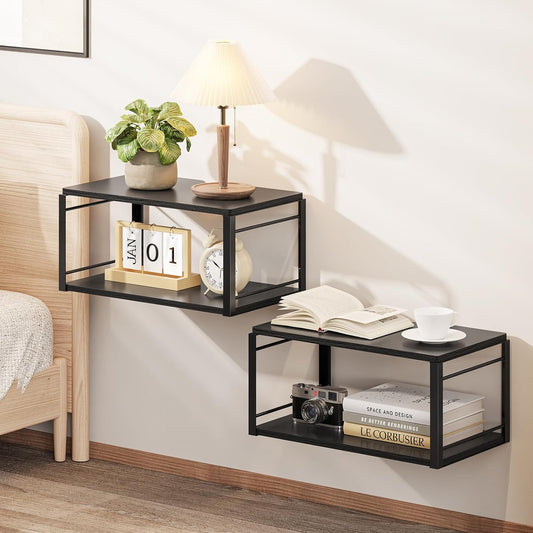 Floating Nightstand Set of 2, Wood Bedside Shelf Wall Mounted Nightstand, Floating Bedside Table for Bedroom, Living Room, Bathroom, Kitchen, Office (Black)