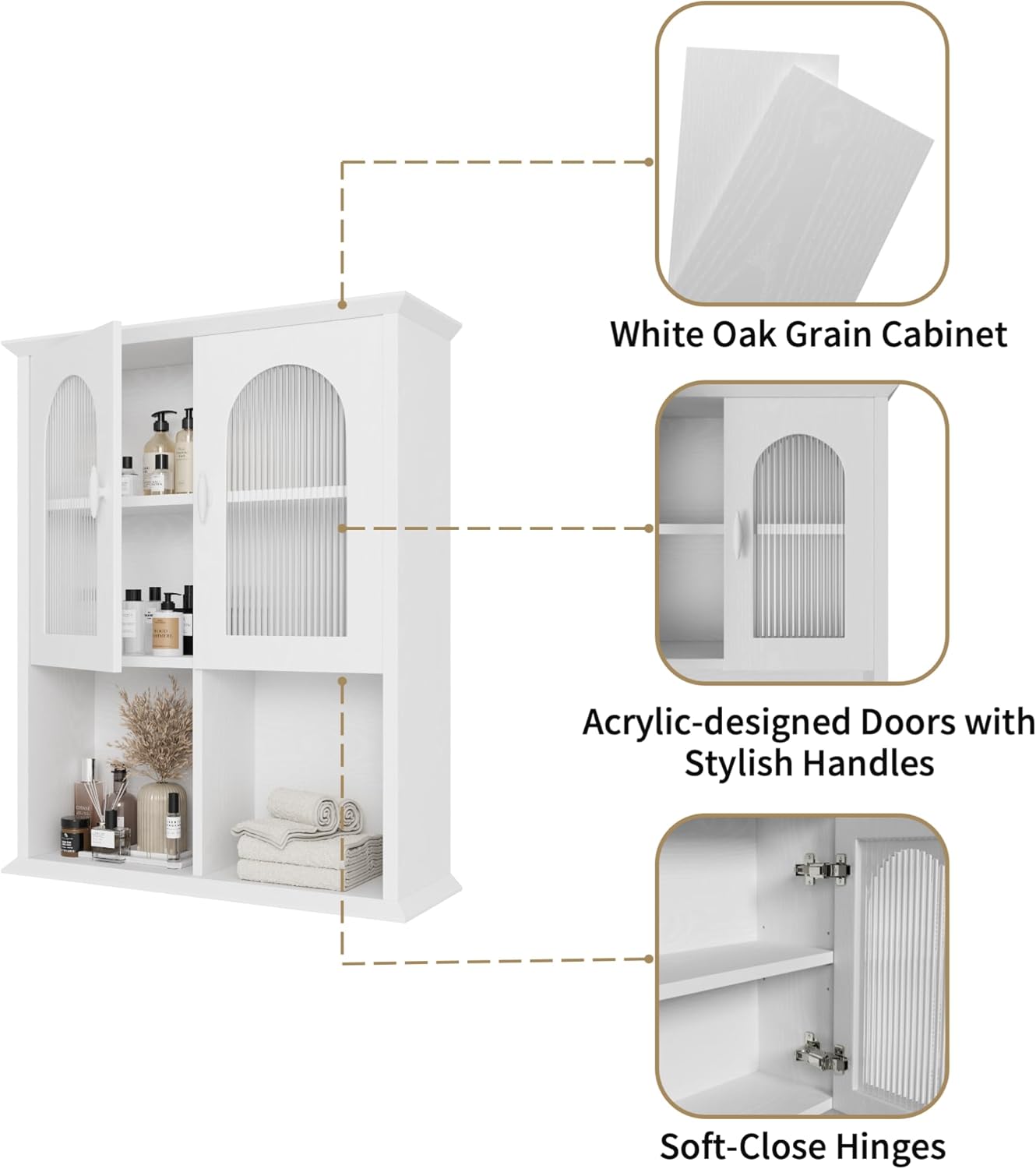 CJL Bathroom Wall Cabinet with Fluted Door, 23.6'' x 29.5'' Medicine Cabinet, Over The Toilet Storage Cabinet, White