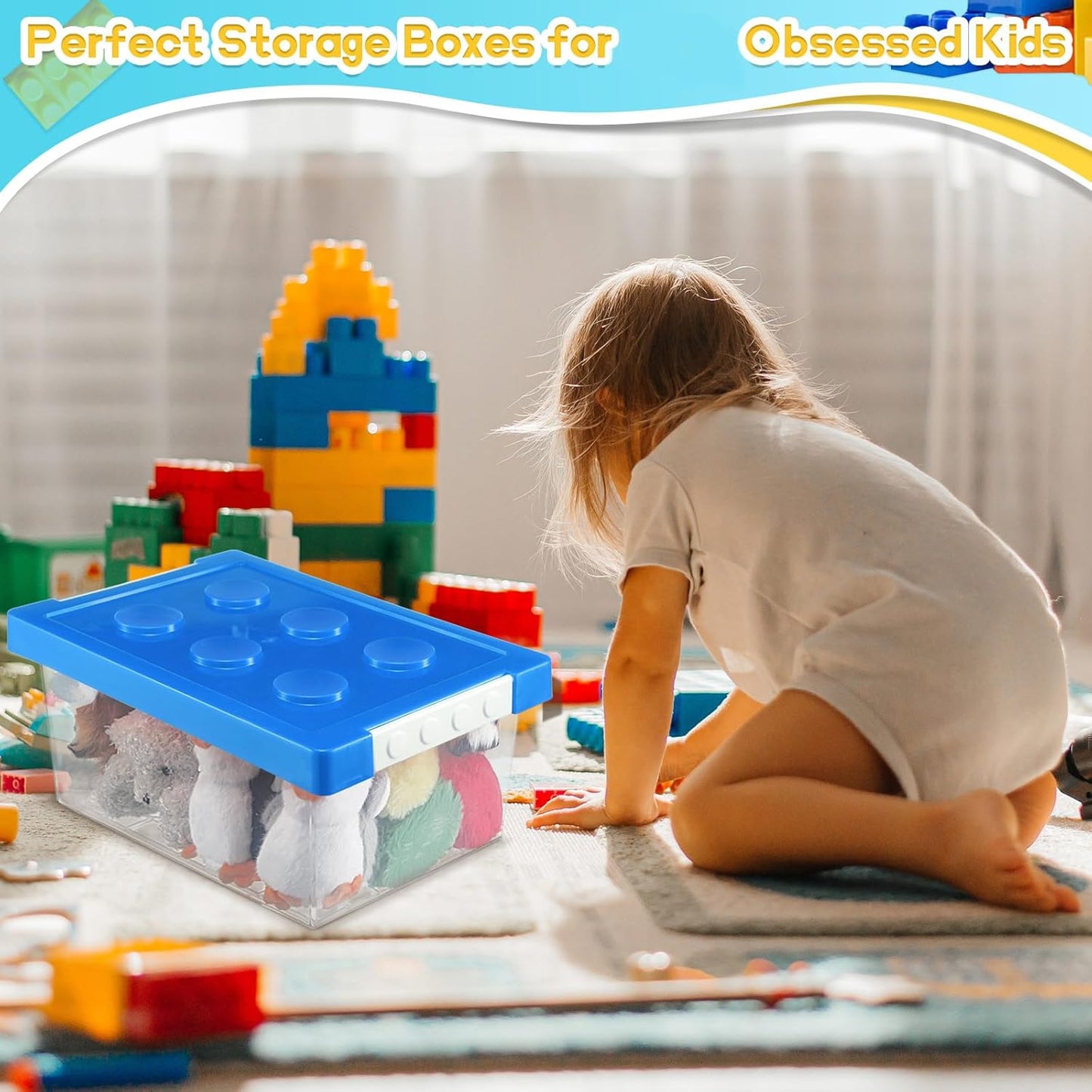 Vicenpal 4 Pack Toy Storage Containers with Lids Brick Shaped Kids Toy Organizer Box Plastic Clear Stackable Bin Chest for Building Block Dolls(Large, Small,Red, Yellow, Blue, Green)
