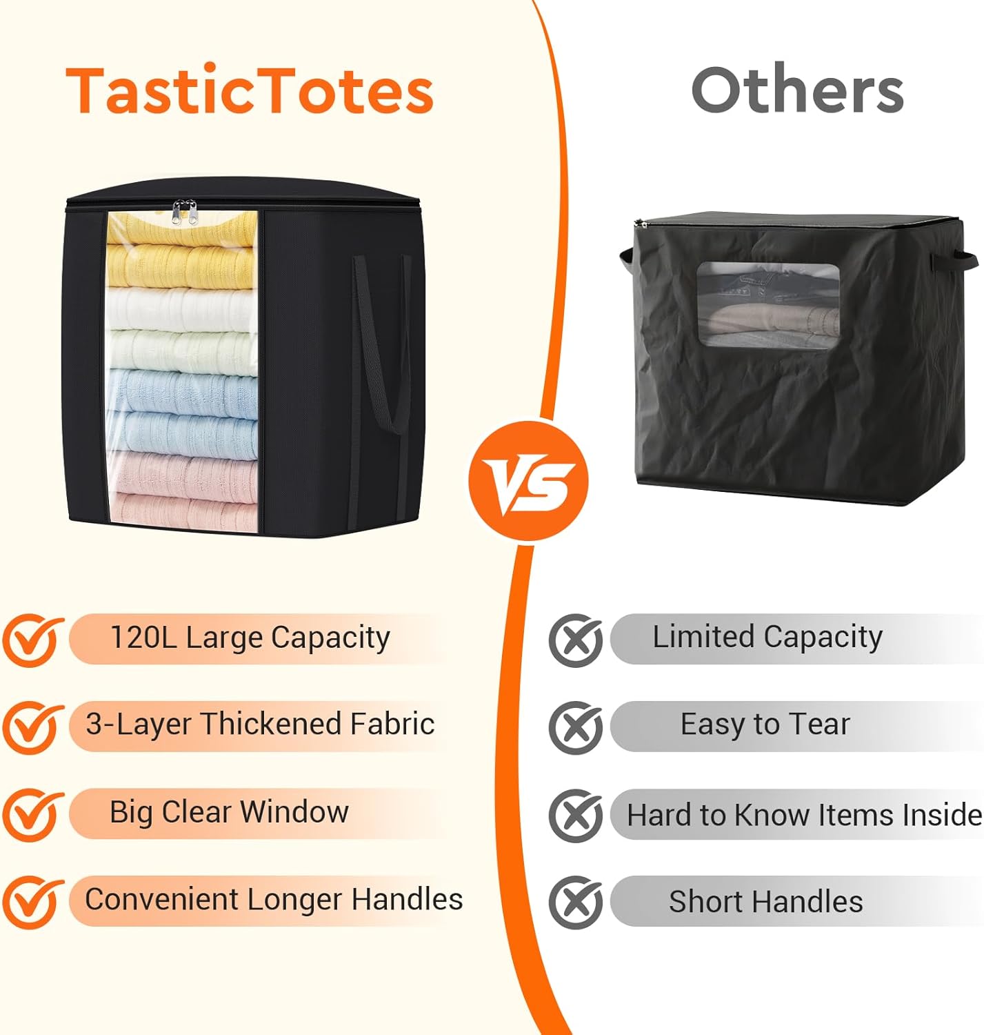 120L Extra Large Clothes Storage Bags, Foldable Blanket Storage and Organization, Thick Fabric Containers with Reinforced Handles & Zippers for Clothing, Comforters, Bedding, Black, 2 Pack